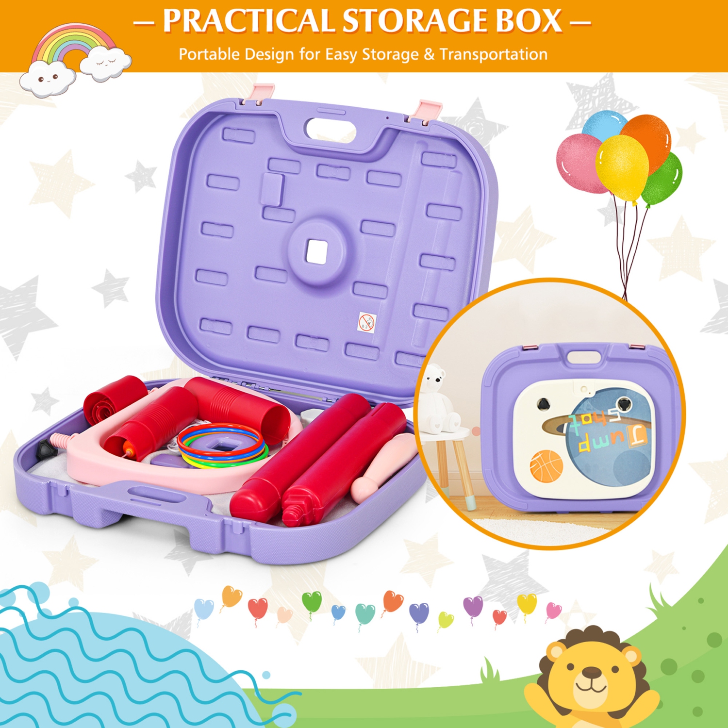 Gymax Portable 2 in 1 Kids Basketball Hoop Stand w/ Ring Toss & Storage Box