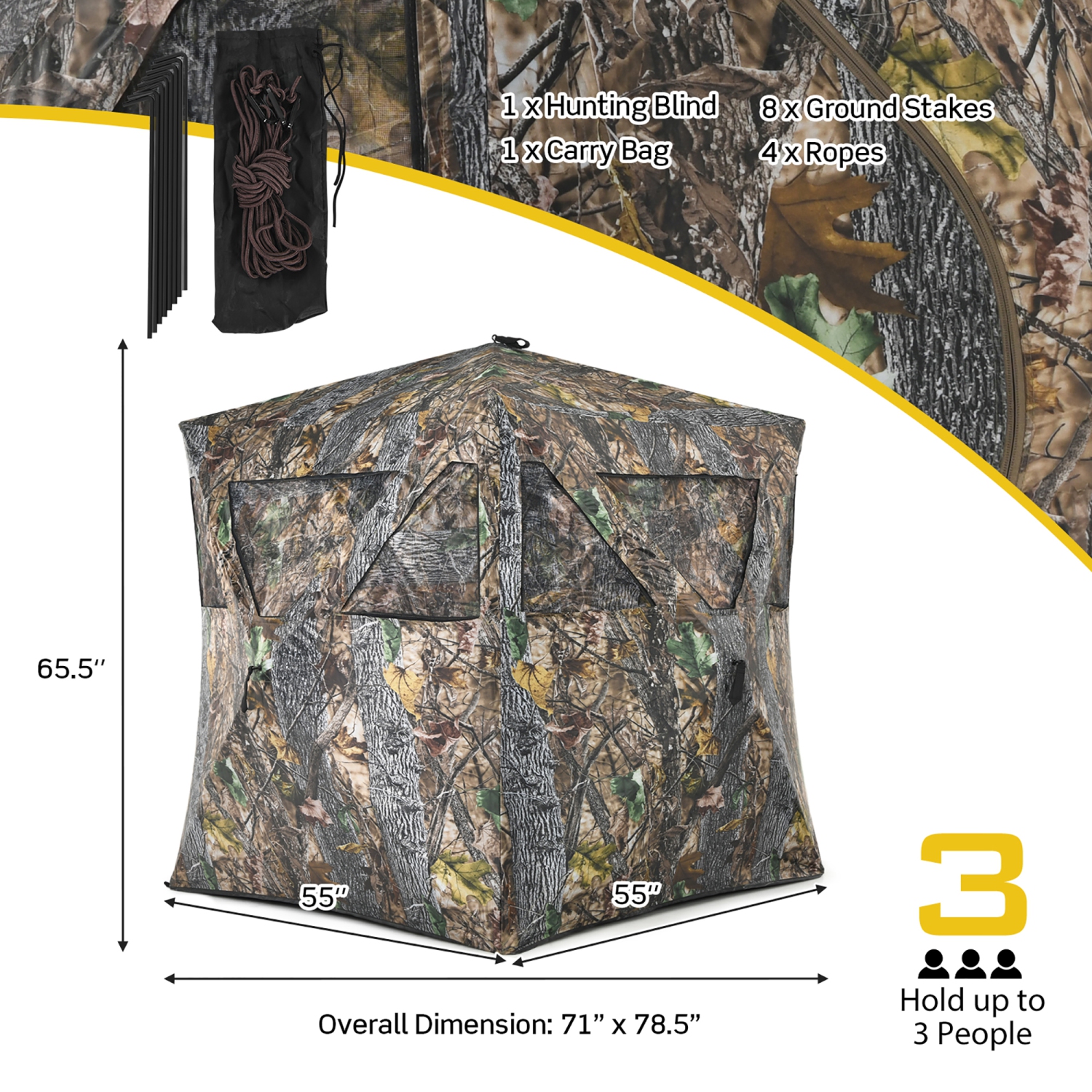 Gymax 3 Person Portable Hunting Blind Pop-Up Ground Blind w/Tie-downs & Carrying Bag