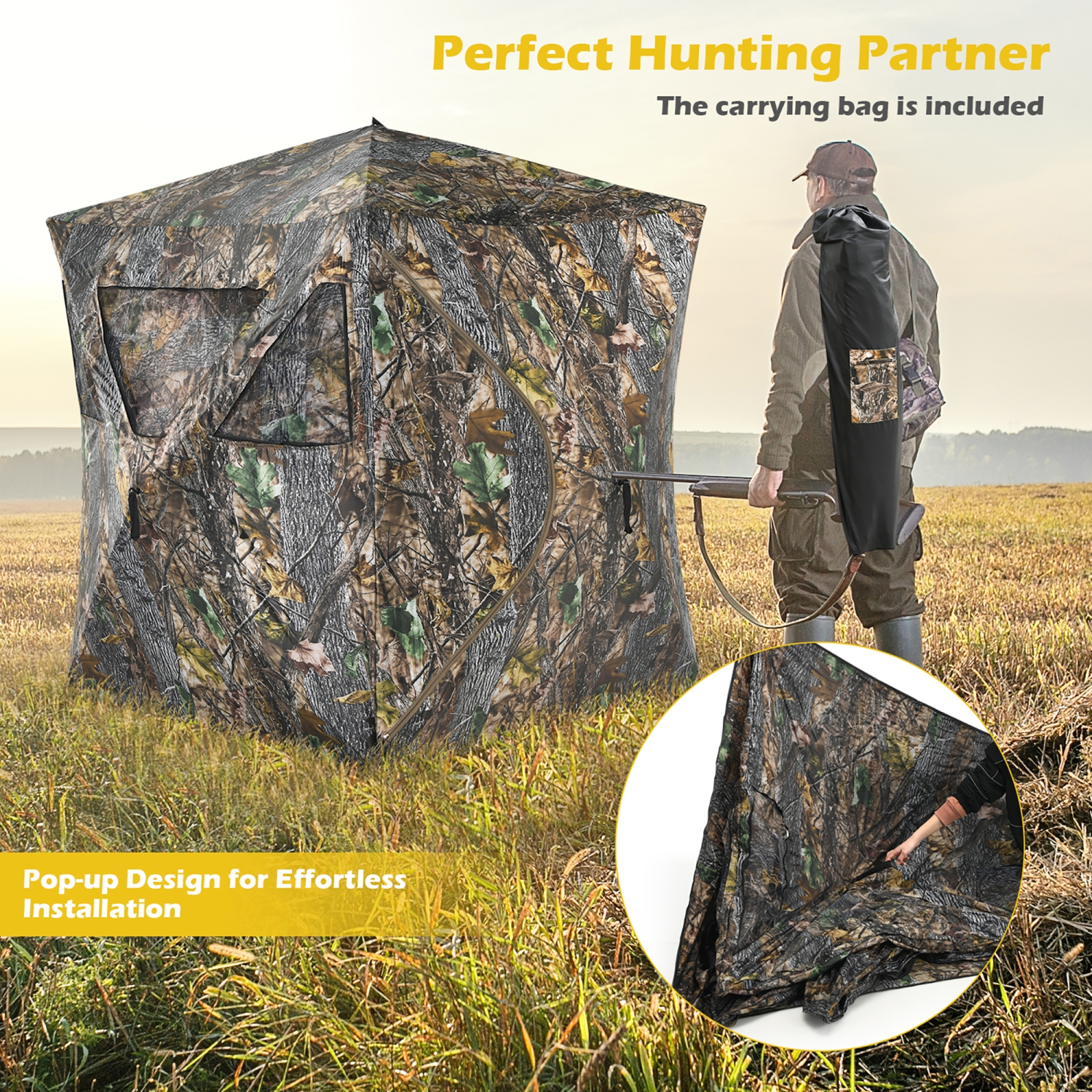 Gymax 3 Person Portable Hunting Blind Pop-Up Ground Blind w/Tie-downs & Carrying Bag