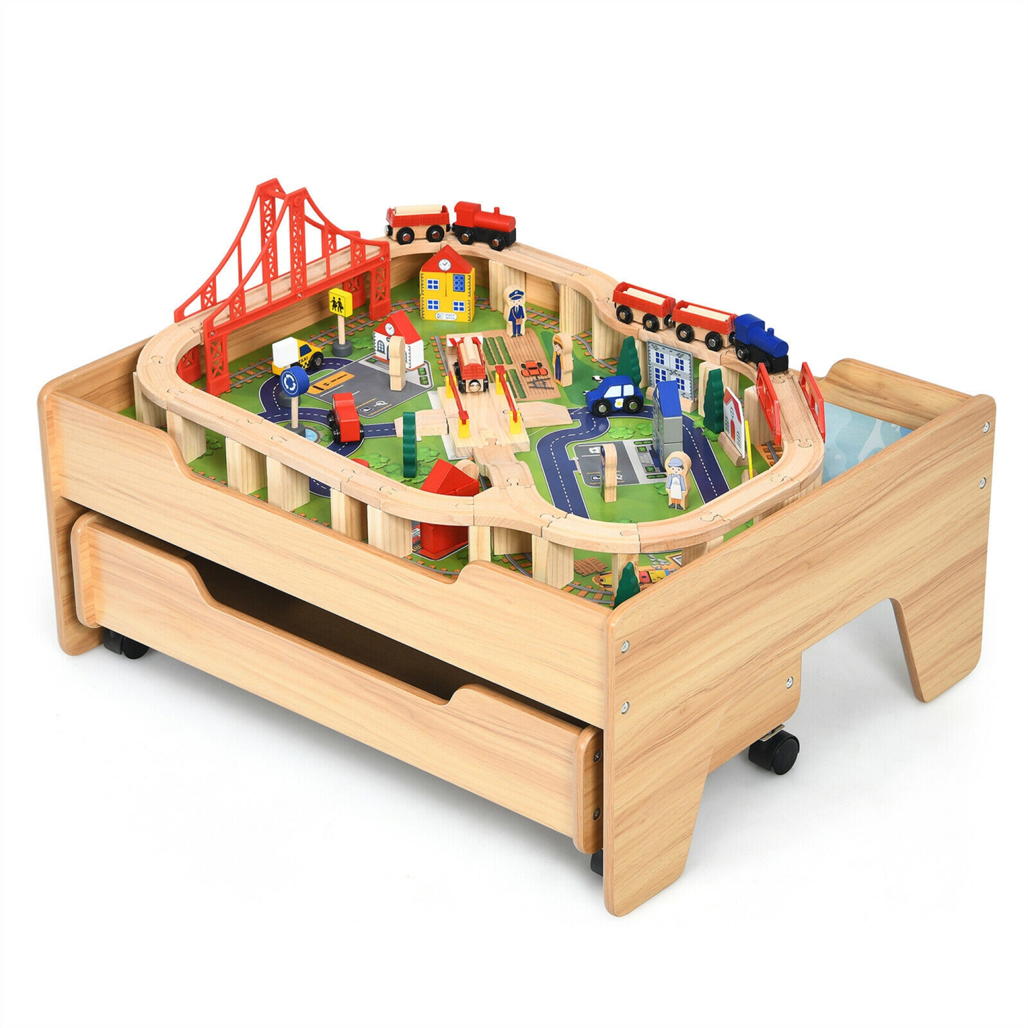 Gymax Table de Jeu de Chemin de Fer pour Enfants, Jeu de train comprenant 100 pièces et Tiroir de Rangement