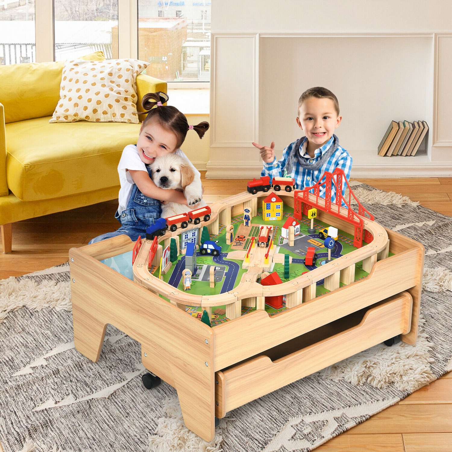 Gymax Table de Jeu de Chemin de Fer pour Enfants, Jeu de train comprenant 100 pièces et Tiroir de Rangement
