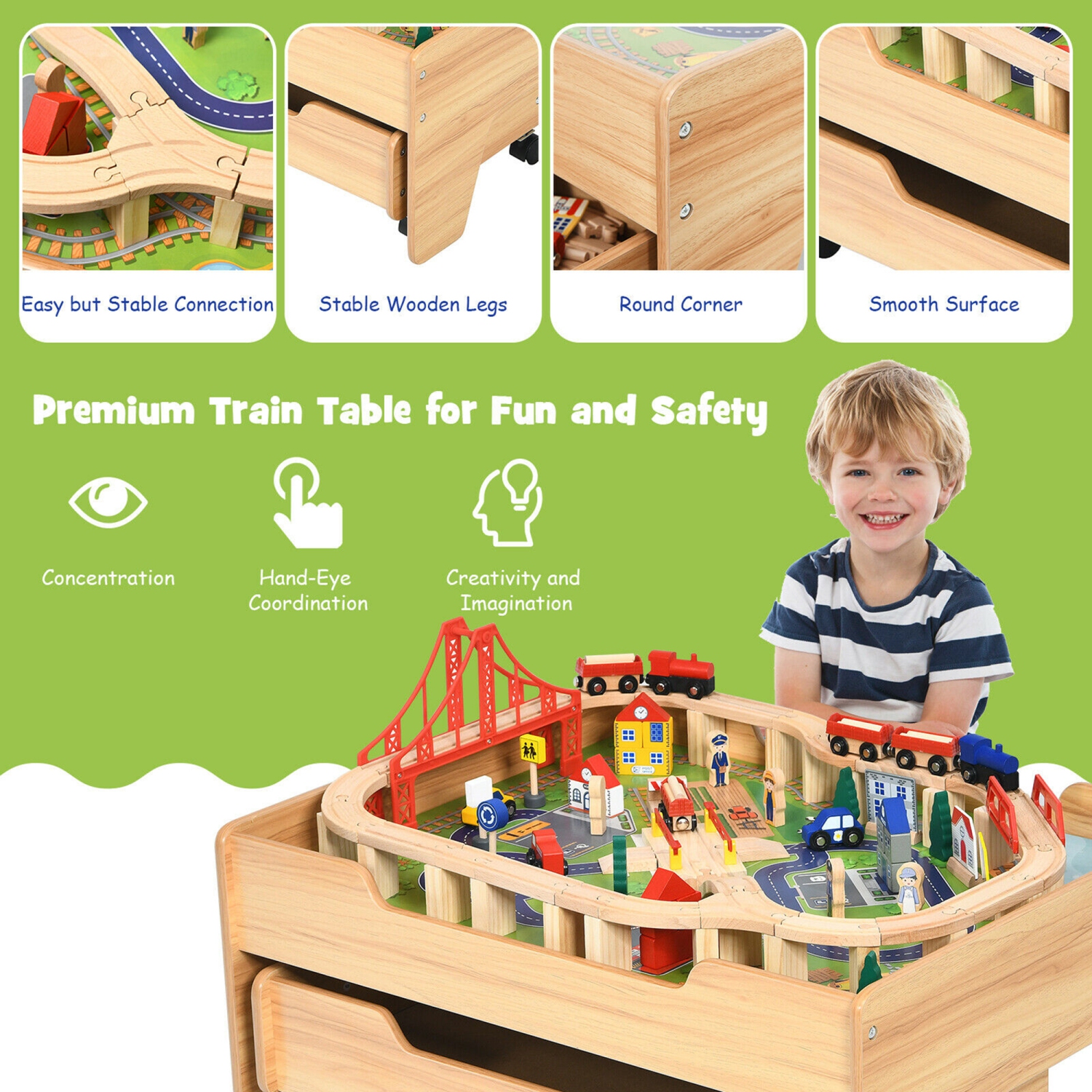 Gymax Table de Jeu de Chemin de Fer pour Enfants, Jeu de train comprenant 100 pièces et Tiroir de Rangement