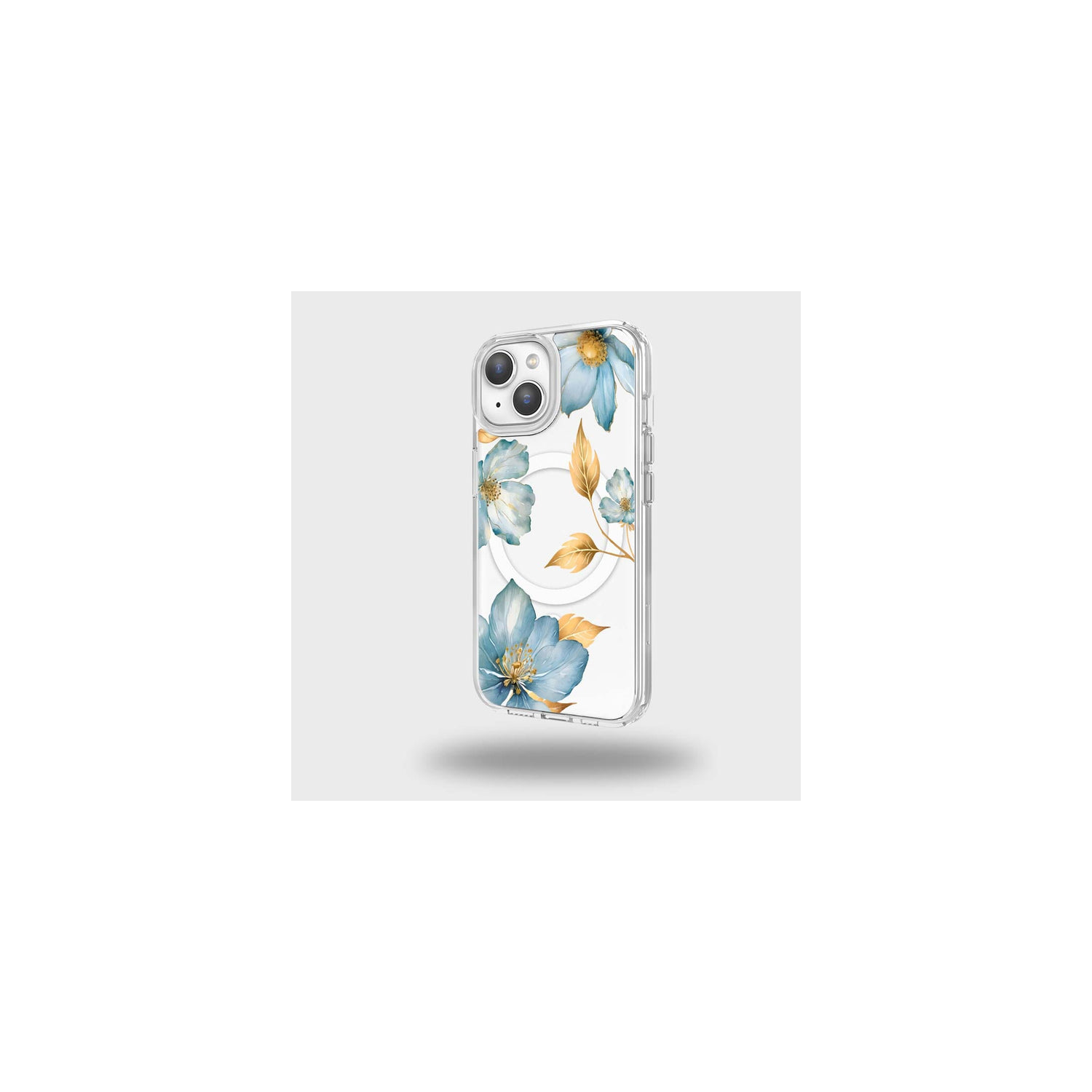 MagSafe iPhone 15 Blue Wildflower Clear Case