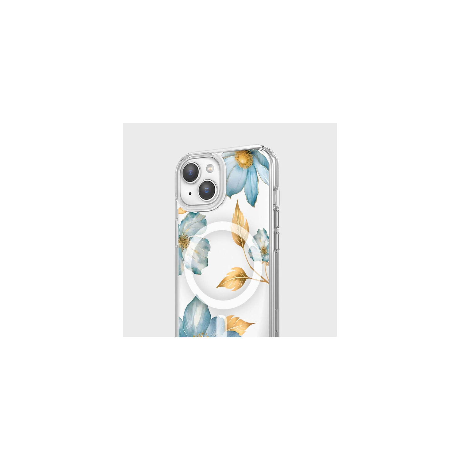 MagSafe iPhone 15 Blue Wildflower Clear Case