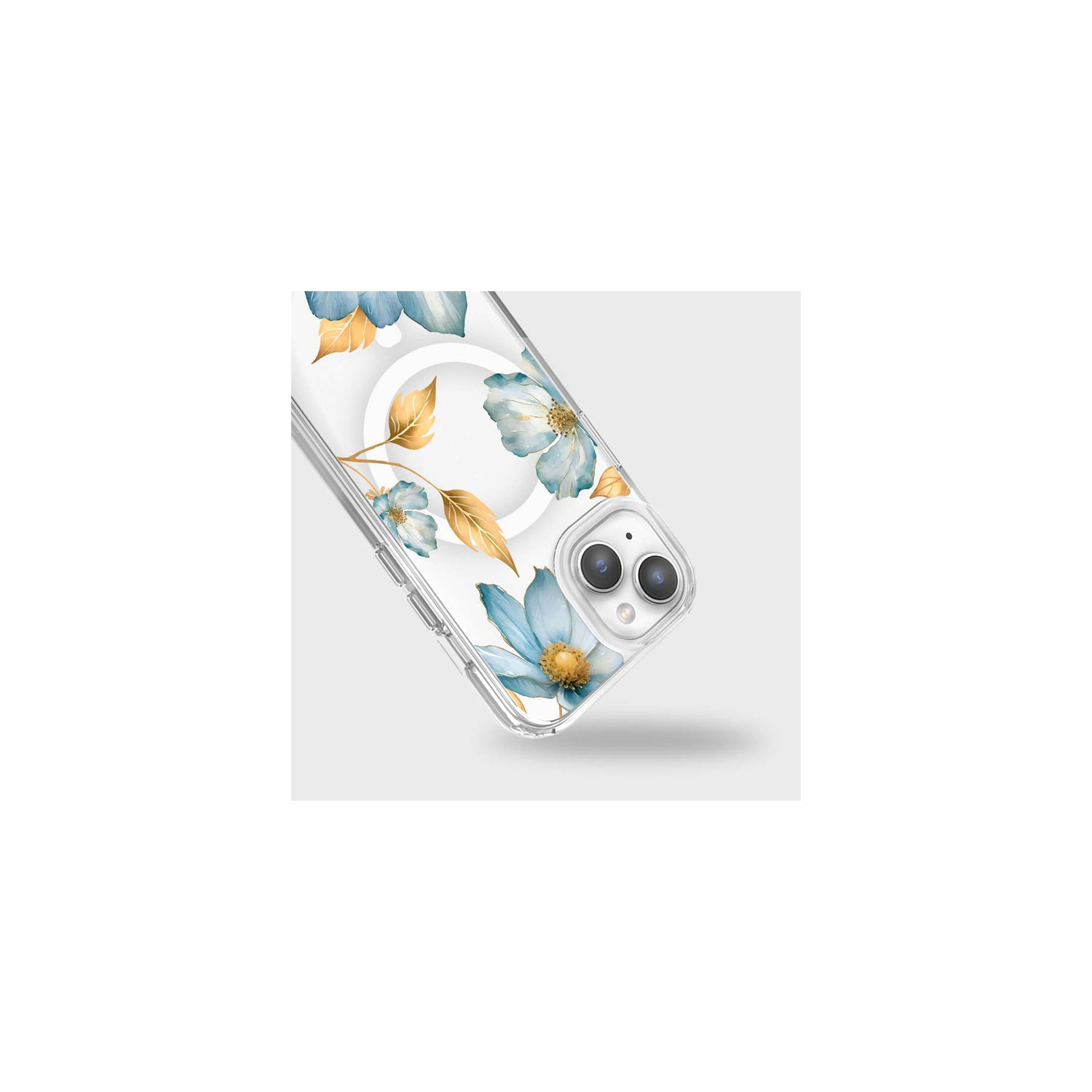MagSafe iPhone 15 Blue Wildflower Clear Case