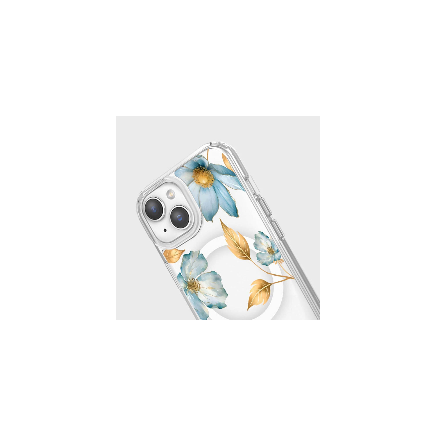 MagSafe iPhone 15 Blue Wildflower Clear Case