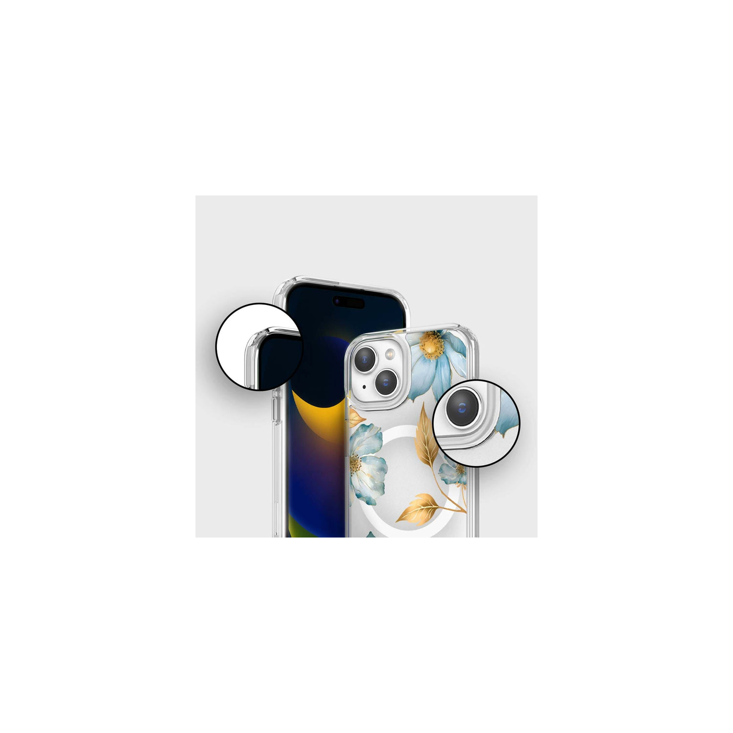 MagSafe iPhone 15 Blue Wildflower Clear Case