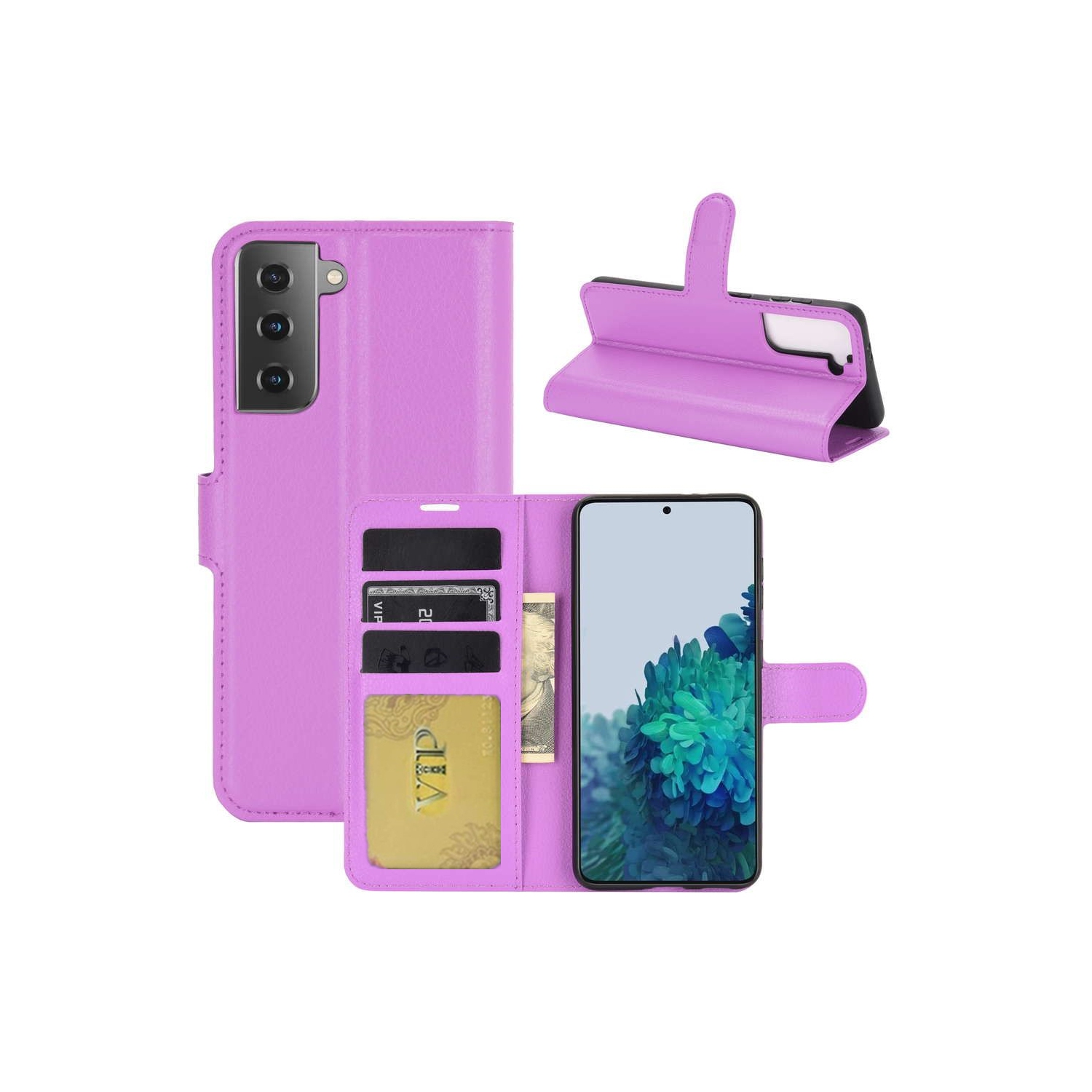 [CS] Samsung Galaxy S21 FE 5G étui, étui folio portefeuille magnétique en cuir avec fente pour carte, violet