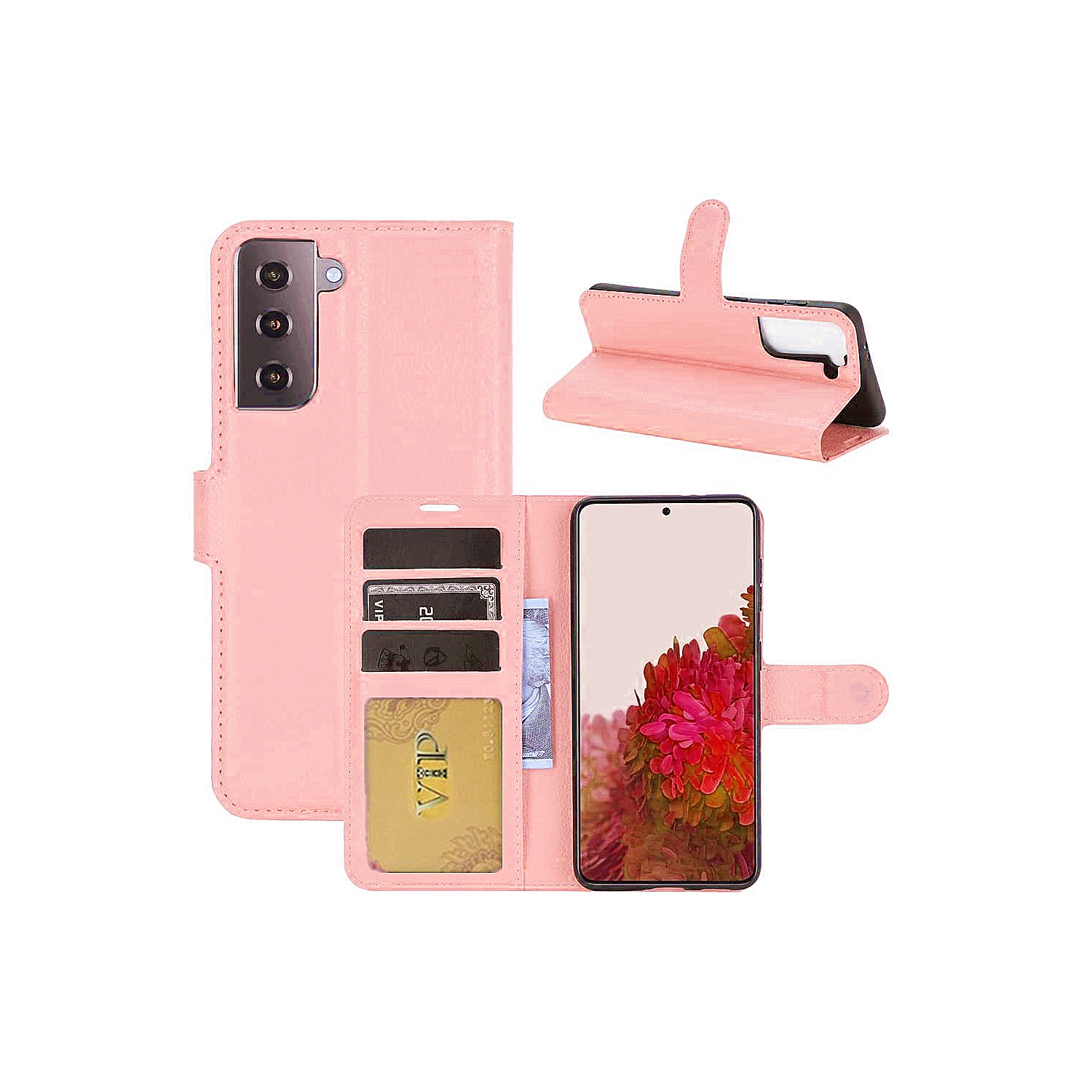 [CS] Samsung Galaxy S21 FE 5G étui, étui folio portefeuille magnétique en cuir avec fente pour carte, rose doré