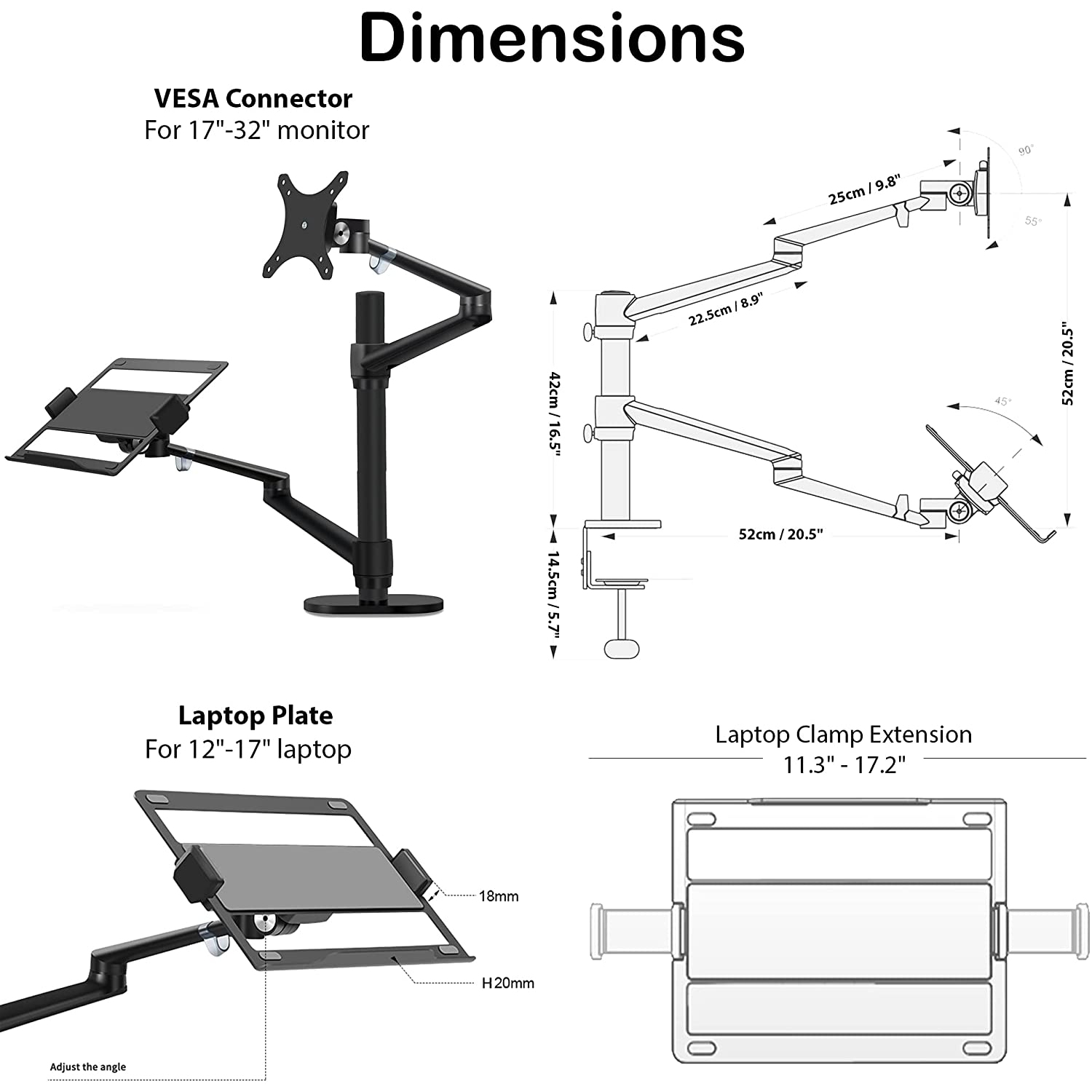 Moniteur convertible 2-en-1 avec support pour ordinateur portatif OU  support de bureau pour deux moniteurs, pour moniteurs de 15-32 po et  portables de 12-17 po - sa-LM1 (noir)