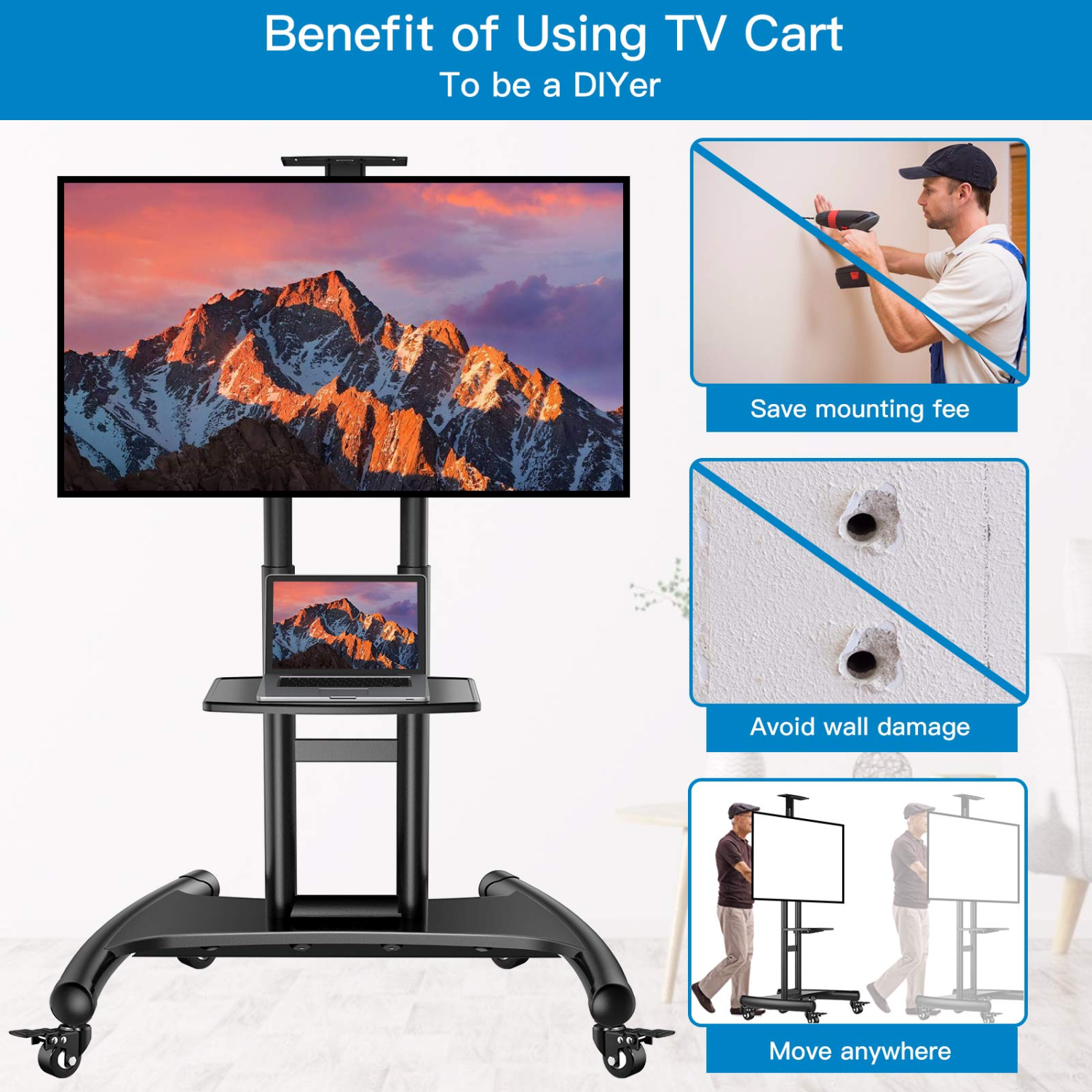 PERLESMITH Mobile TV Cart for 32" - 75" TVs With Shelf and Webcam Shelf, Includes Free Shipping