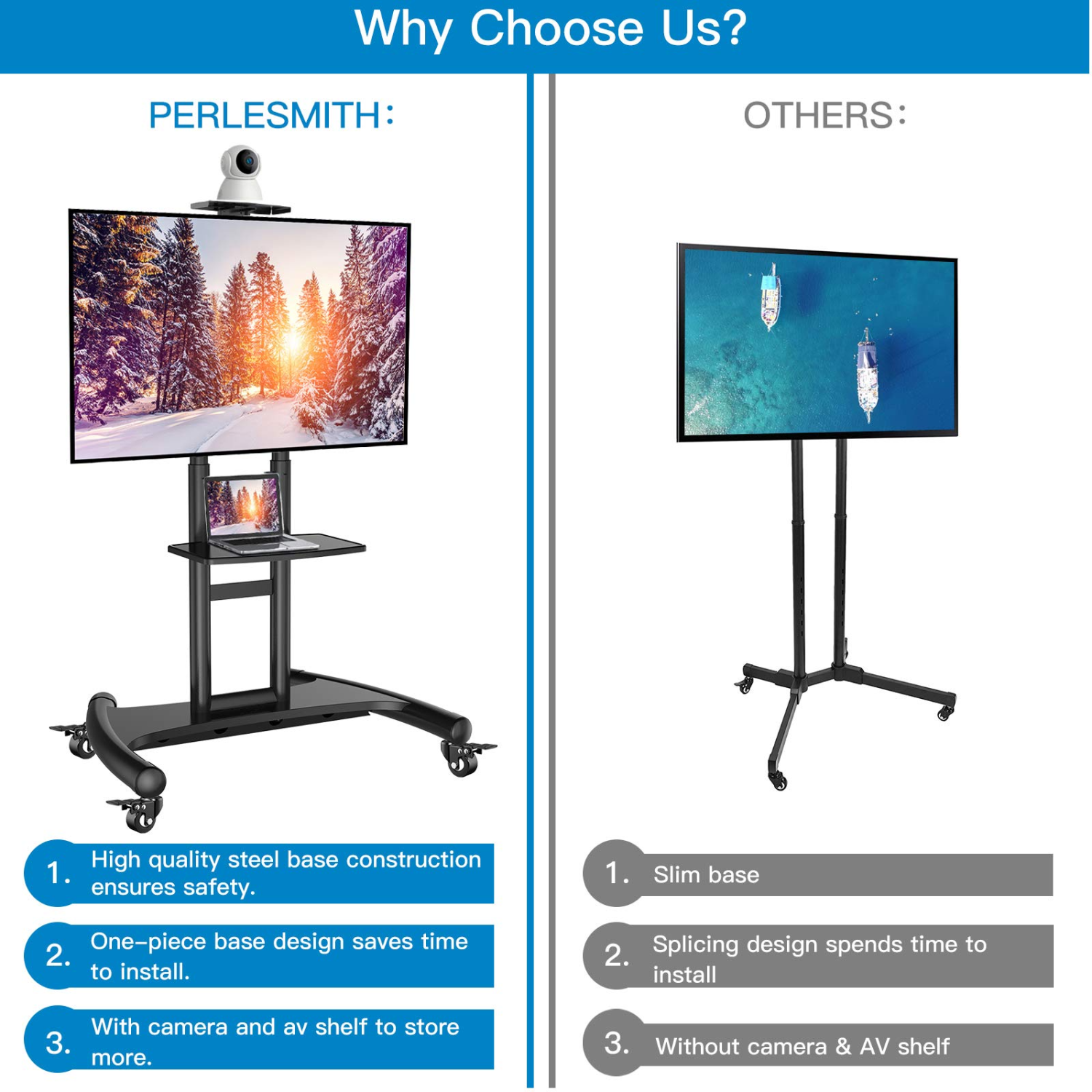 PERLESMITH Mobile TV Cart for 32" - 75" TVs With Shelf and Webcam Shelf, Includes Free Shipping