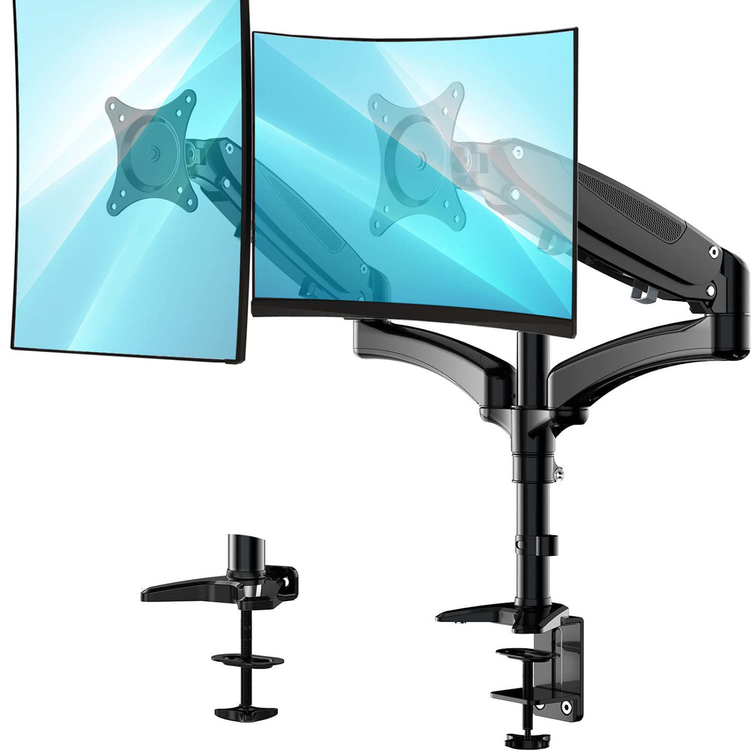 HUANUO Dual Arm Adjustable Gas Spring Computer Monitor Desk Mount - Fits 2, 13 to 27 Inch Screens,
