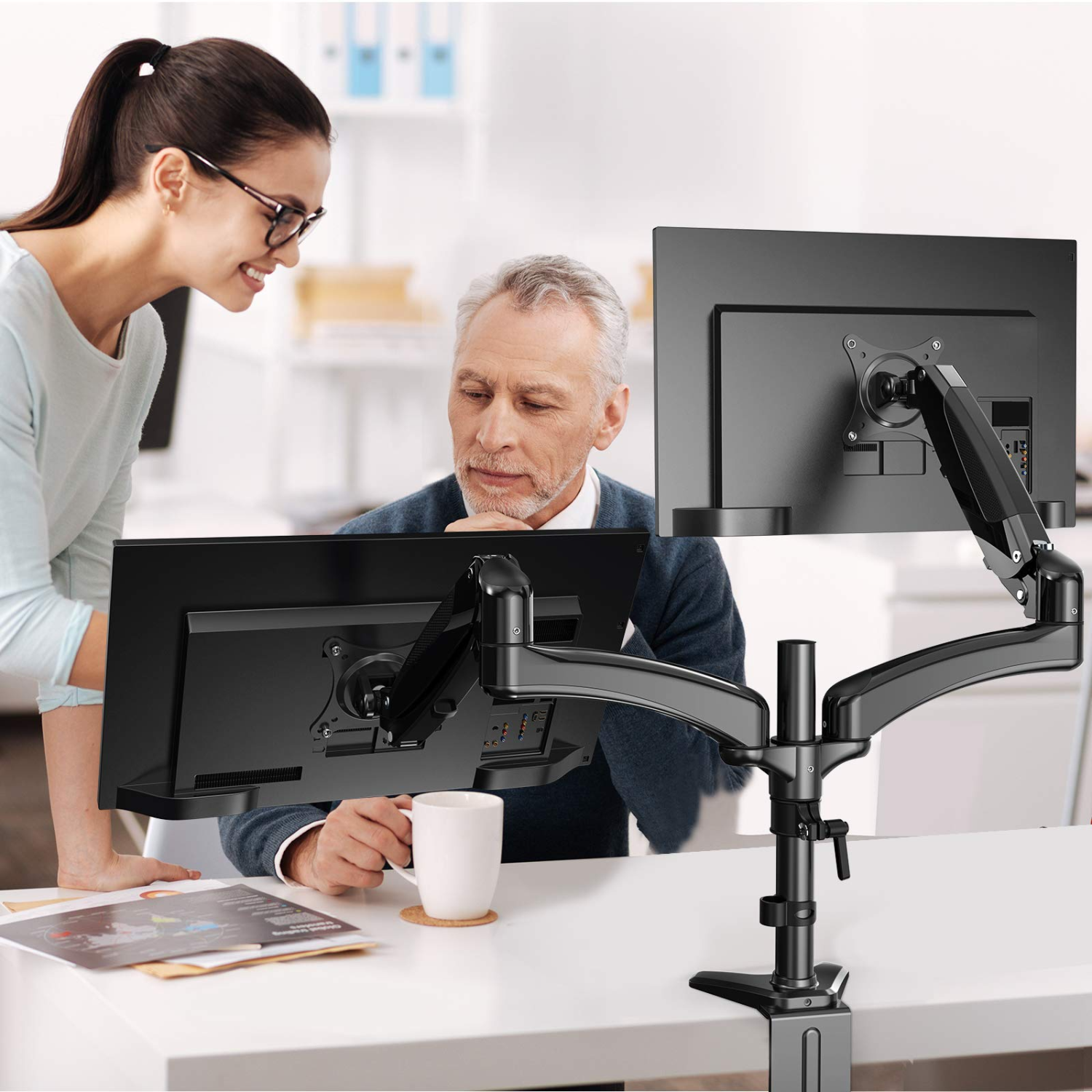 HUANUO Dual Arm Adjustable Gas Spring Computer Monitor Desk Mount - Fits 2, 13 to 27 Inch Screens,