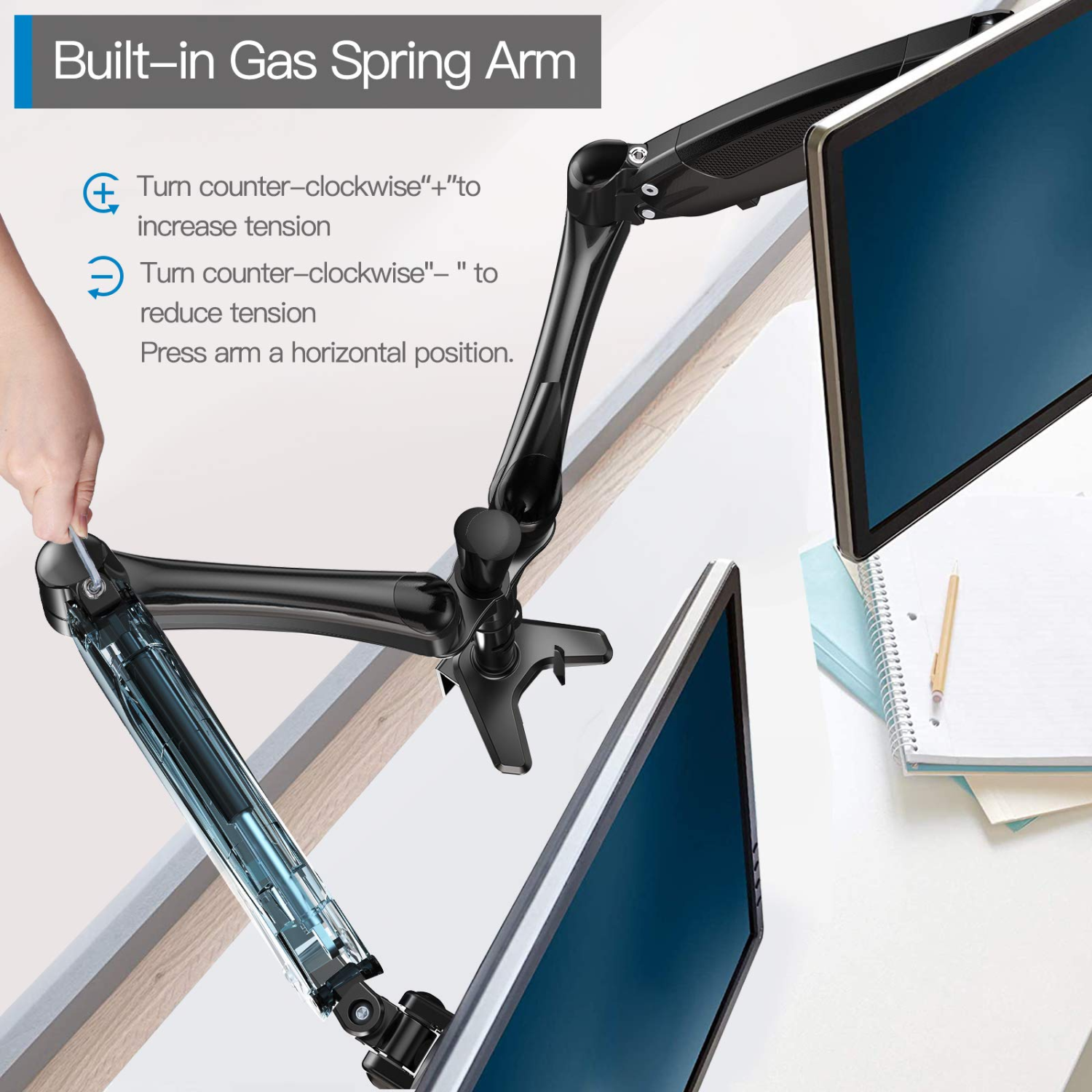 HUANUO Dual Arm Adjustable Gas Spring Computer Monitor Desk Mount - Fits 2, 13 to 27 Inch Screens,