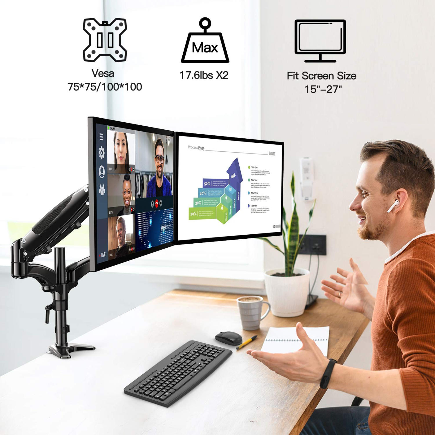 HUANUO Dual Arm Adjustable Gas Spring Computer Monitor Desk Mount - Fits 2, 13 to 27 Inch Screens,