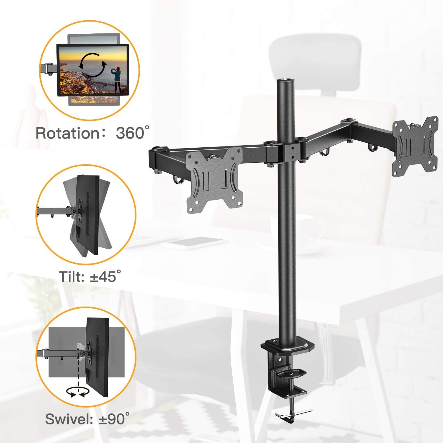 HUANUO Dual Arm Articulating Clamping Monitor Desk Mount 13 to 27"