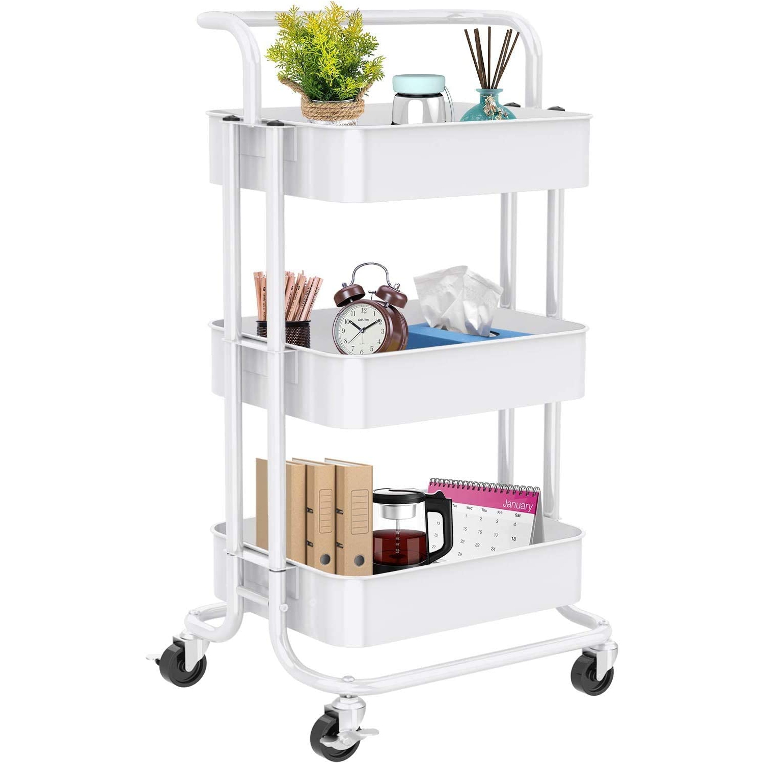Rolling Cart Metal Utility Cart 3-Tier Storage Trolley with Extra Storage Accessories and 2 Lockable wheels Ideal for Bedroom Kitchen Garage Office Crafts,Green 