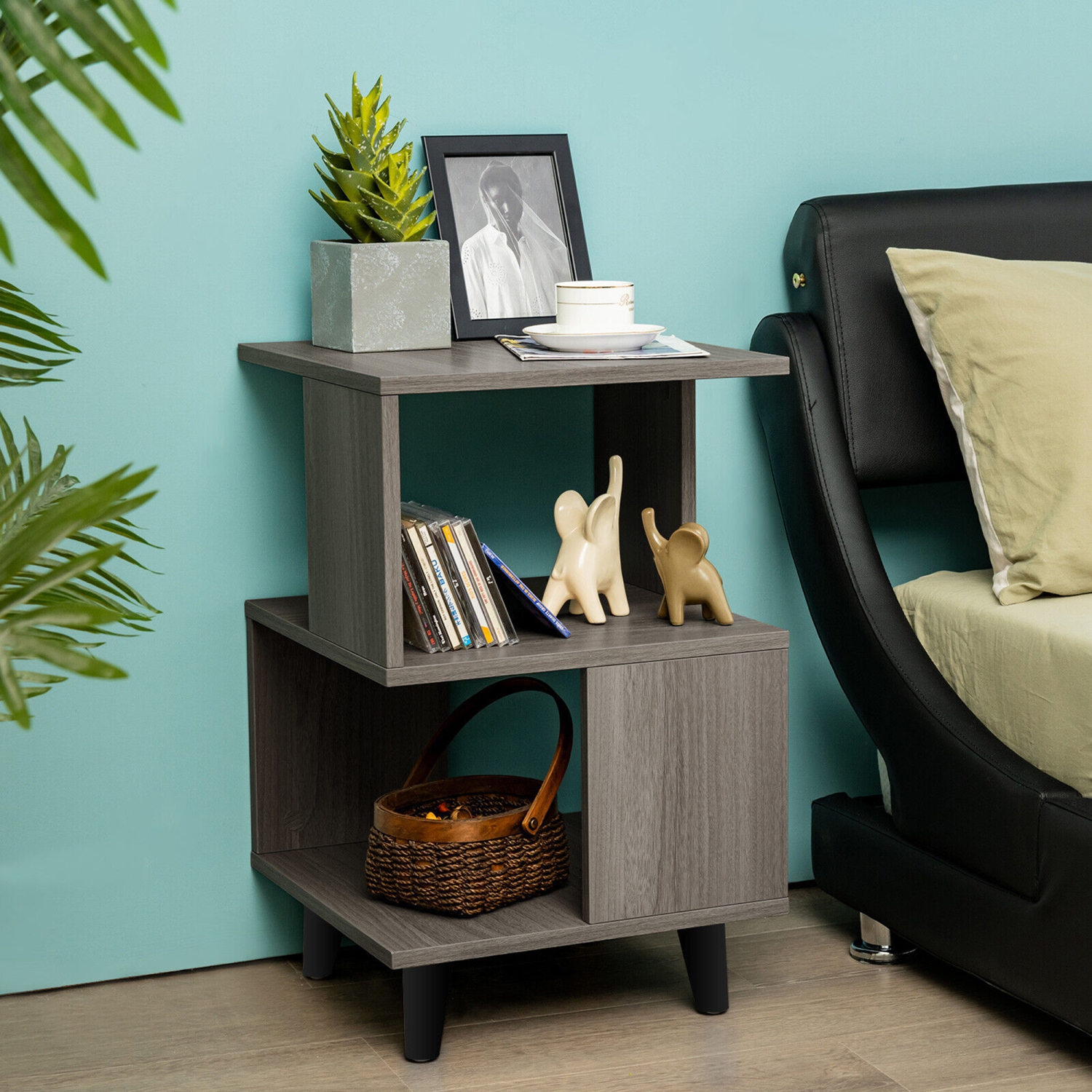 Gymax 2 PCS Nightstand Set Modern Side End Table Storage Shelf Grey