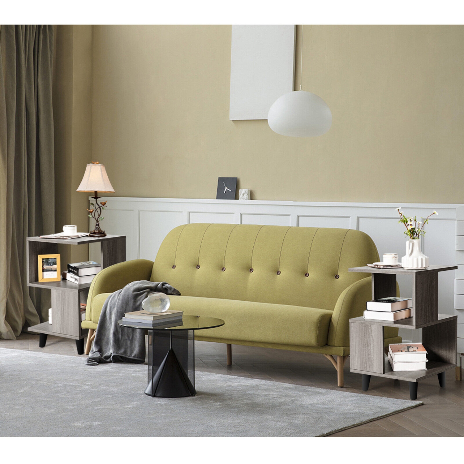 Gymax 2 PCS Nightstand Set Modern Side End Table Storage Shelf Grey