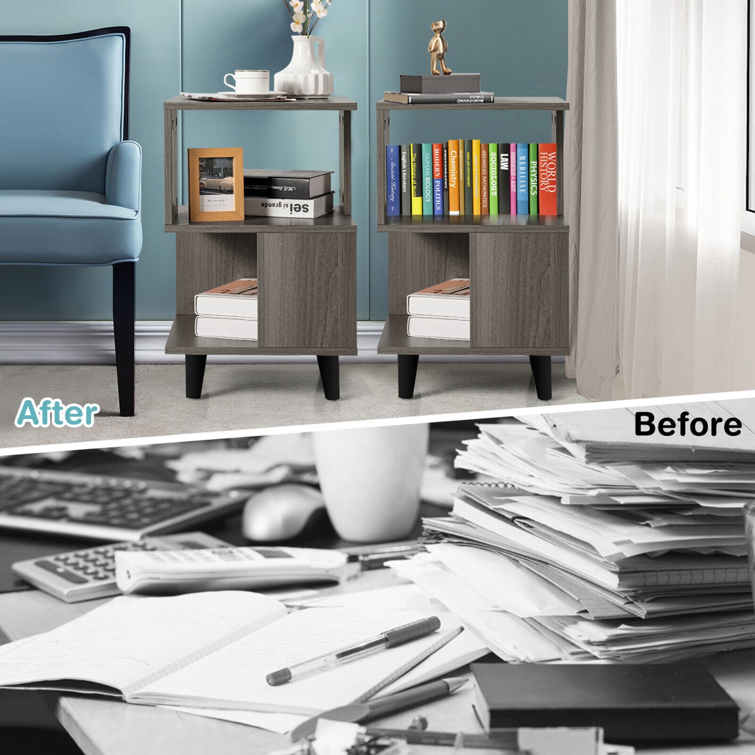 Gymax 2 PCS Nightstand Set Modern Side End Table Storage Shelf Grey