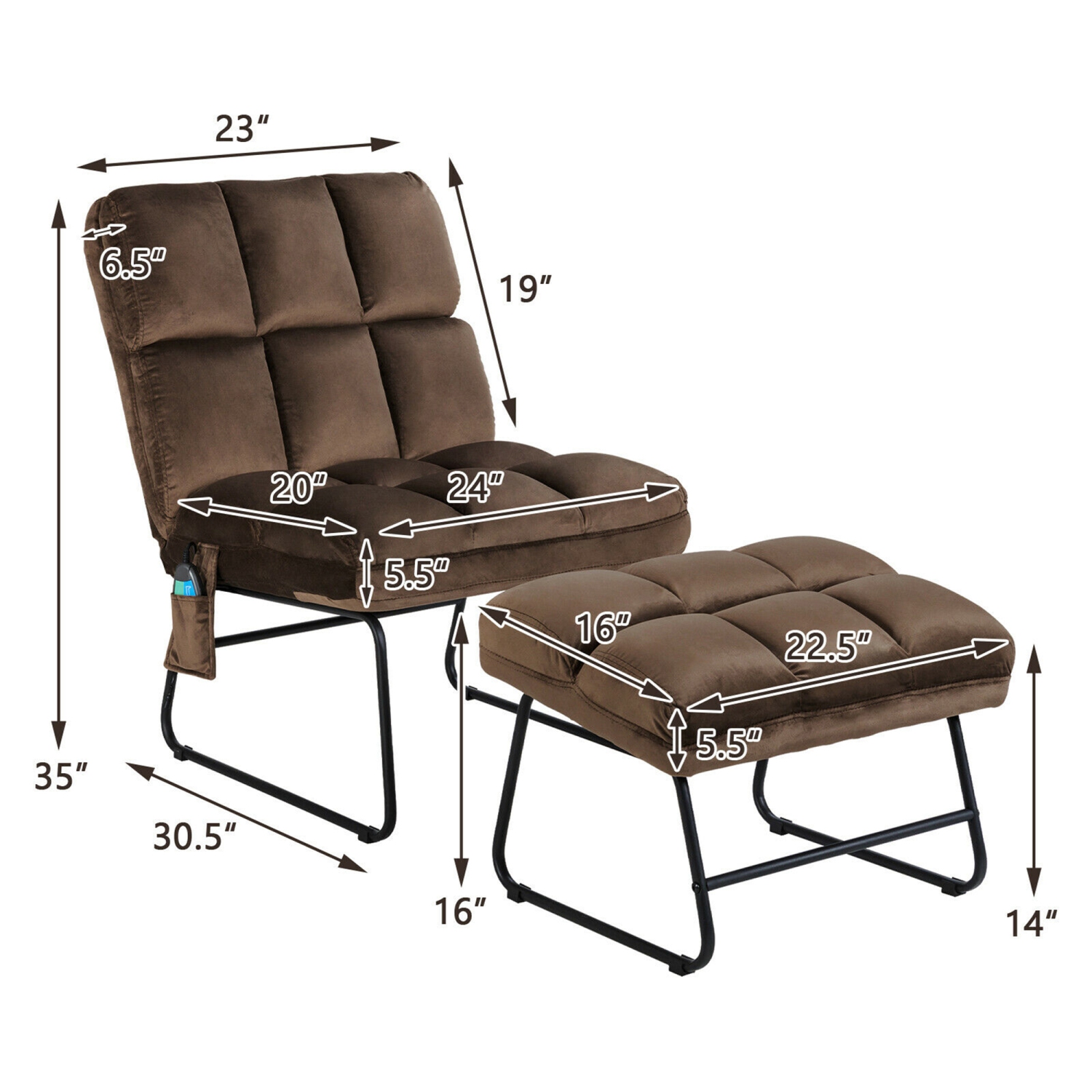 Fauteuil massage Gymax – Fauteuil d’appoint en velours avec pouf et télécommande, brun