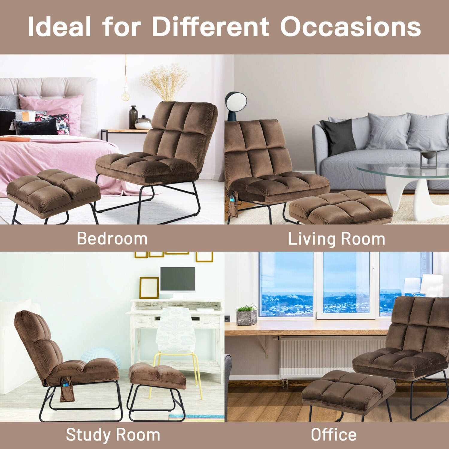 Fauteuil massage Gymax – Fauteuil d’appoint en velours avec pouf et télécommande, brun