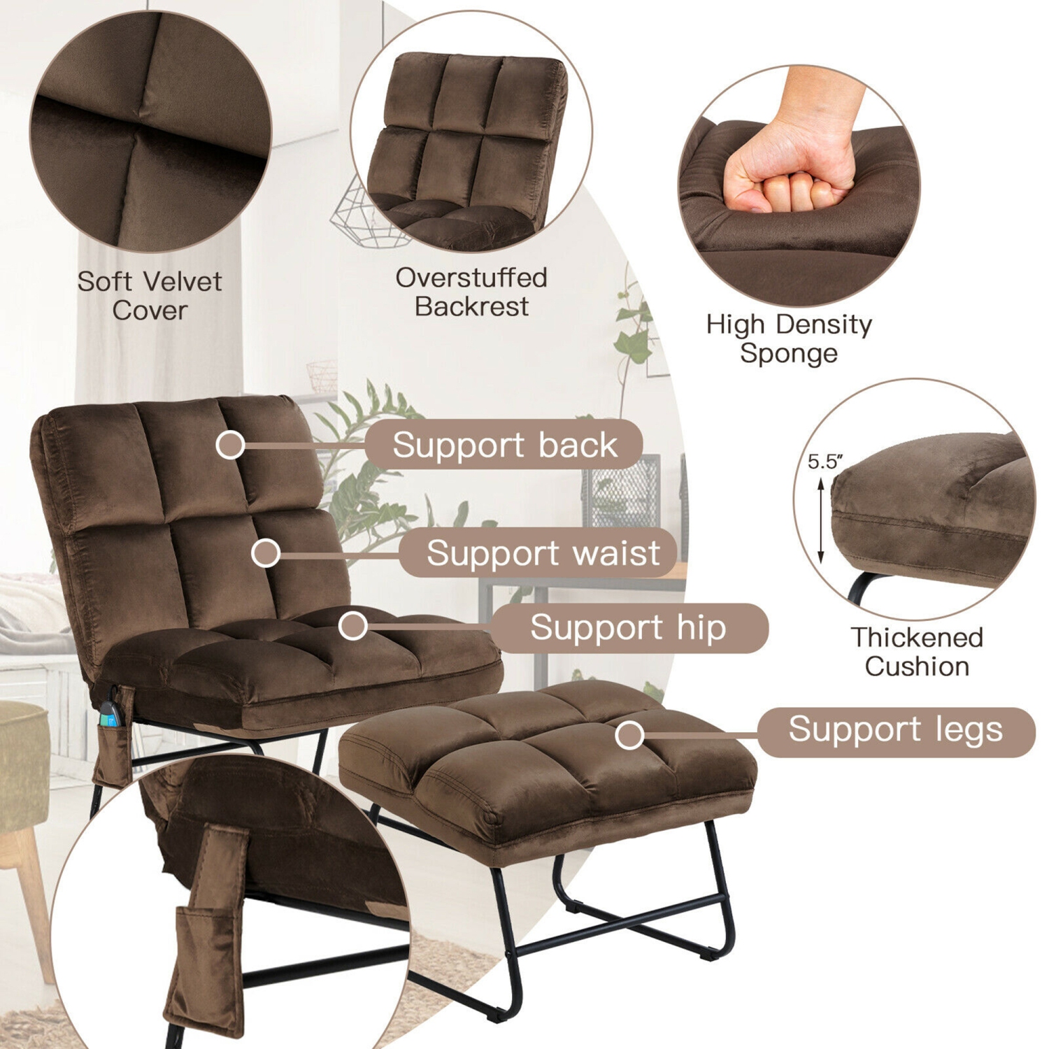 Fauteuil massage Gymax – Fauteuil d’appoint en velours avec pouf et télécommande, brun