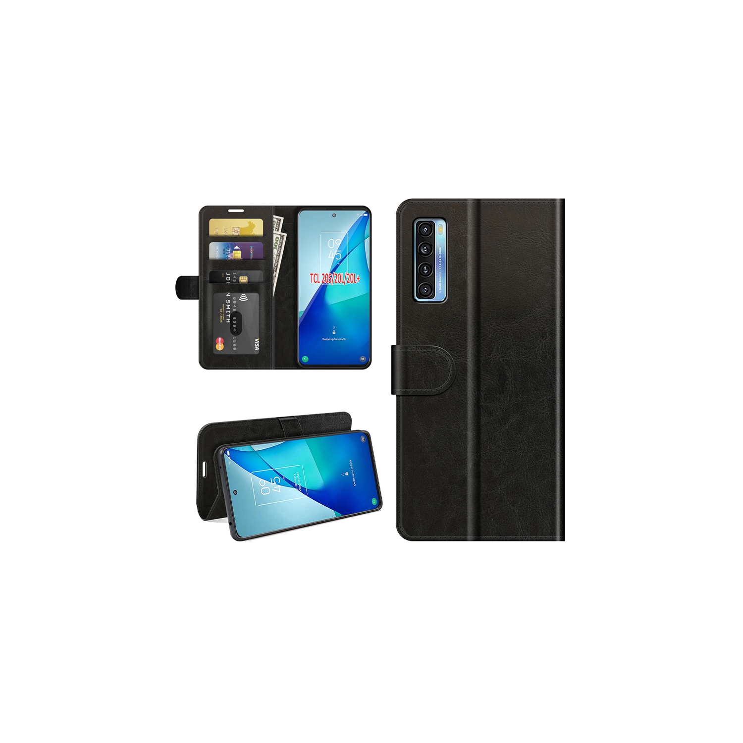 [CS] TCL 20S / 20L / 20L Plus Case, Magnetic Leather Folio Wallet Flip Case Cover with Card Slot, Black