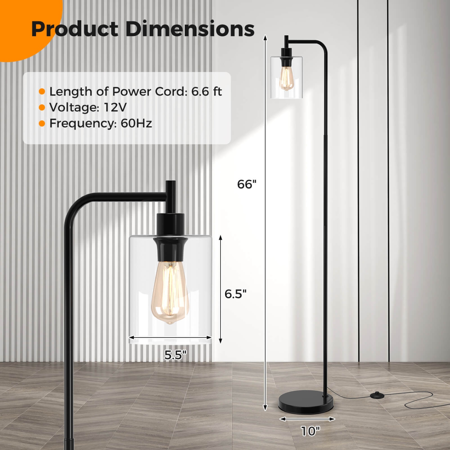 Costway Industrial Floor Lamp with Hanging Glass Lampshade and Foot Switch Modern