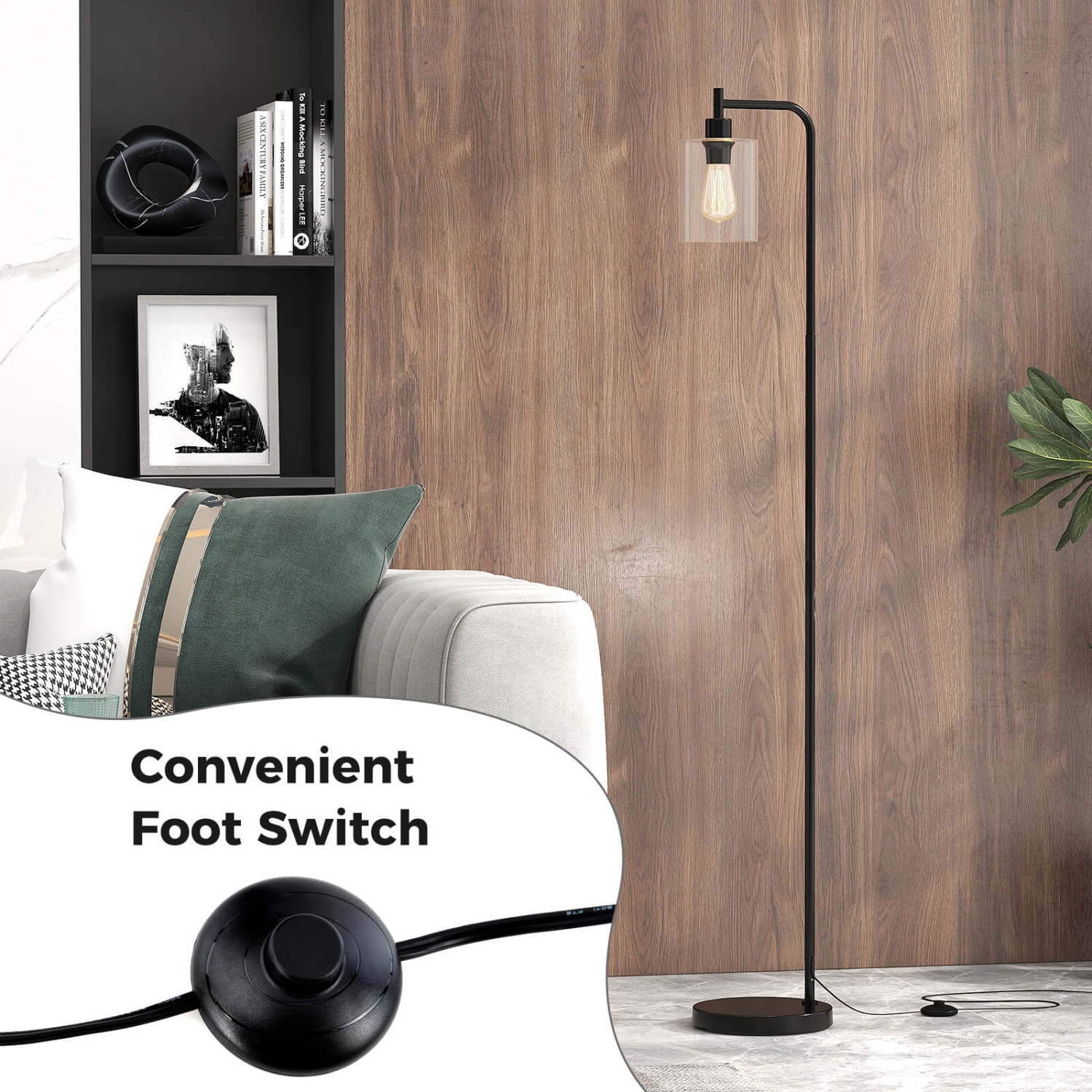 Costway Industrial Floor Lamp with Hanging Glass Lampshade and Foot Switch Modern