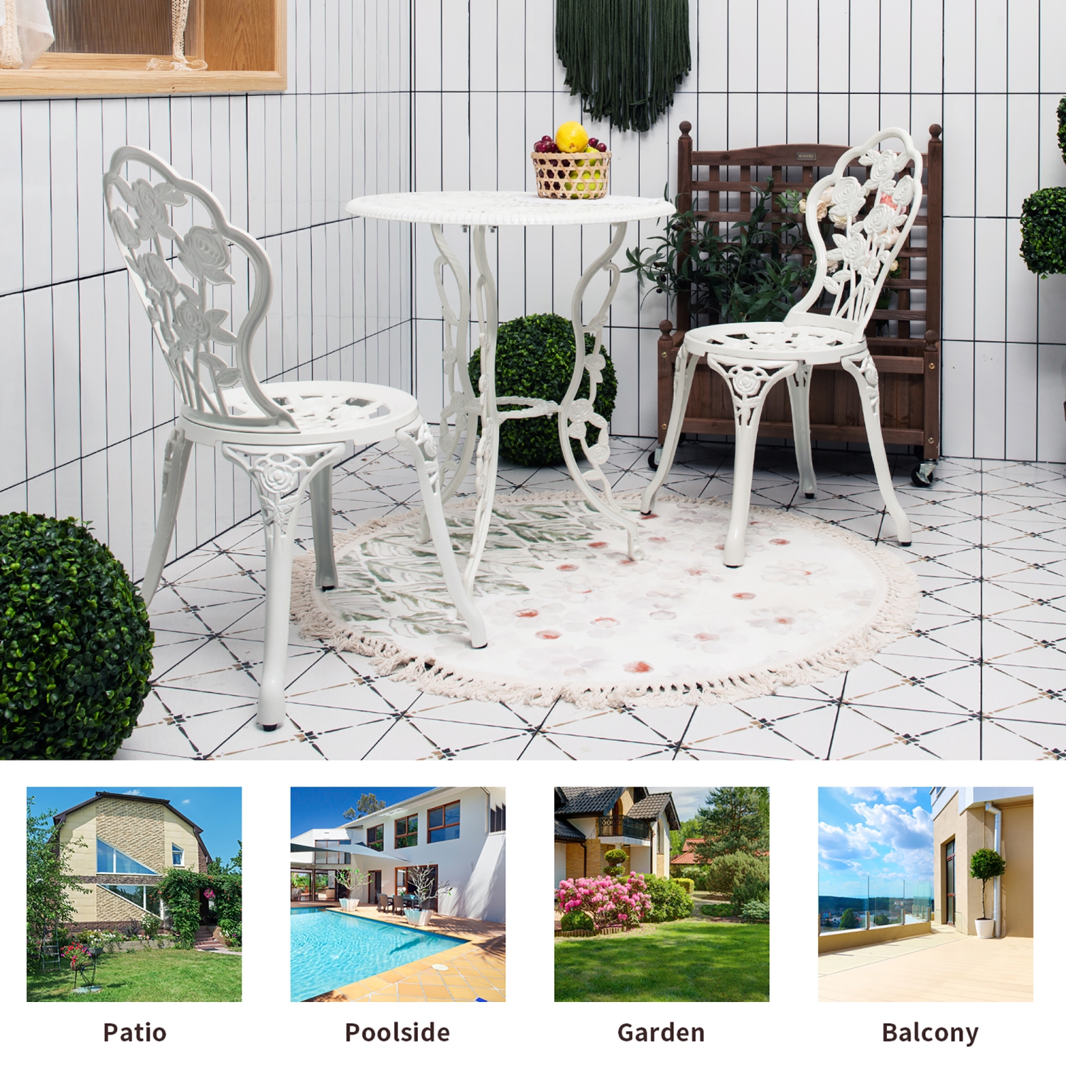 Costway 3PCS Cast Aluminum Patio Bistro Furniture Set Rose Design Outdoor White