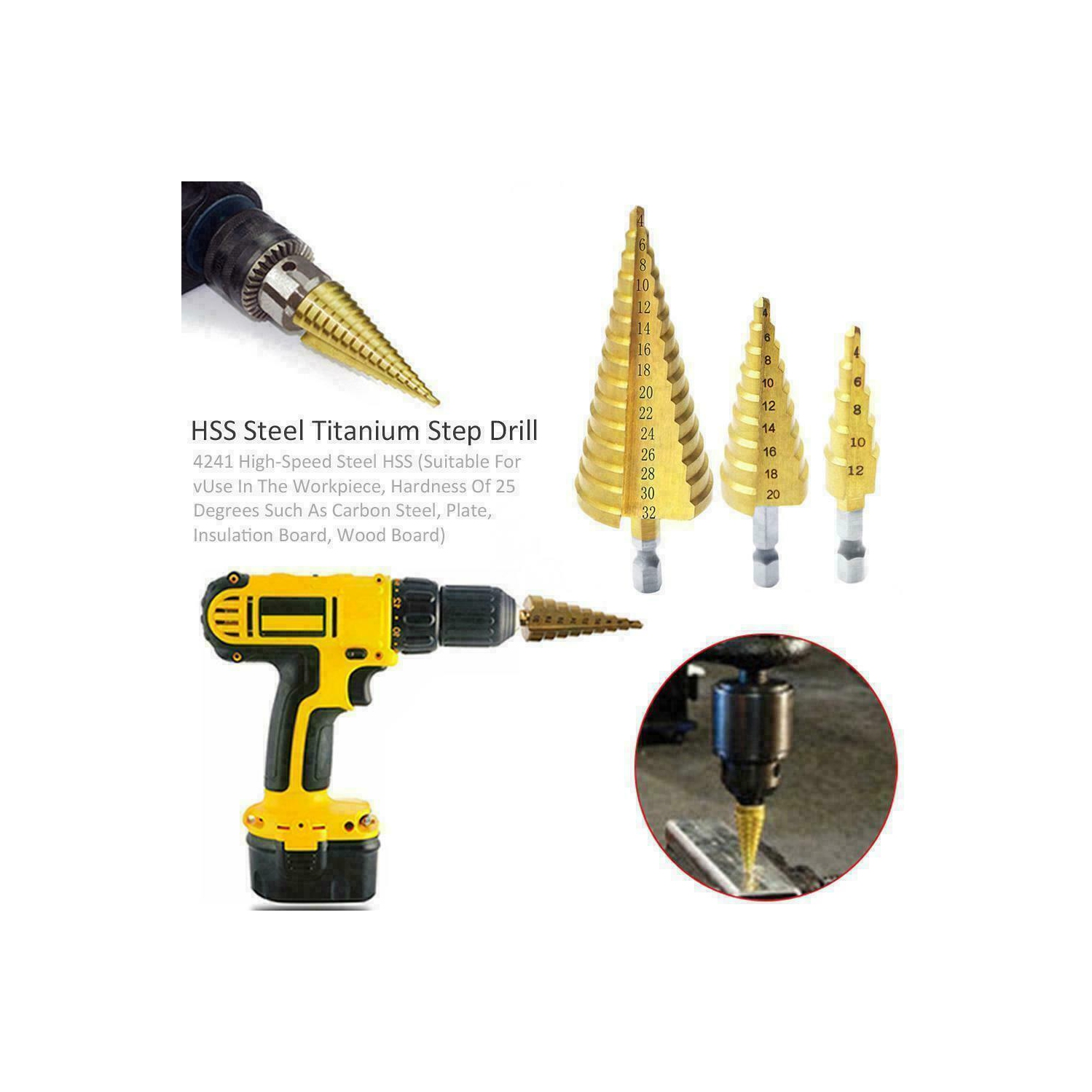 3Pcs Step Drill Bit Set High Speed Steel Titanium Coated Cobalt Steps Hole Cutter