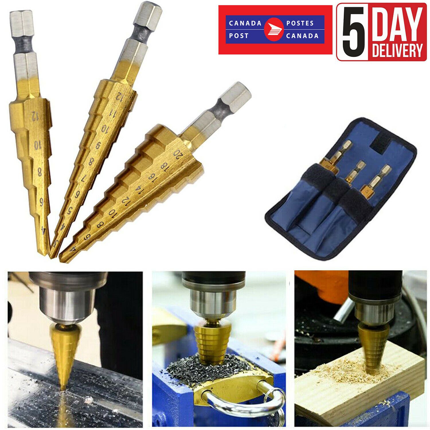 3Pcs Step Drill Bit Set High Speed Steel Titanium Coated Cobalt Steps Hole Cutter