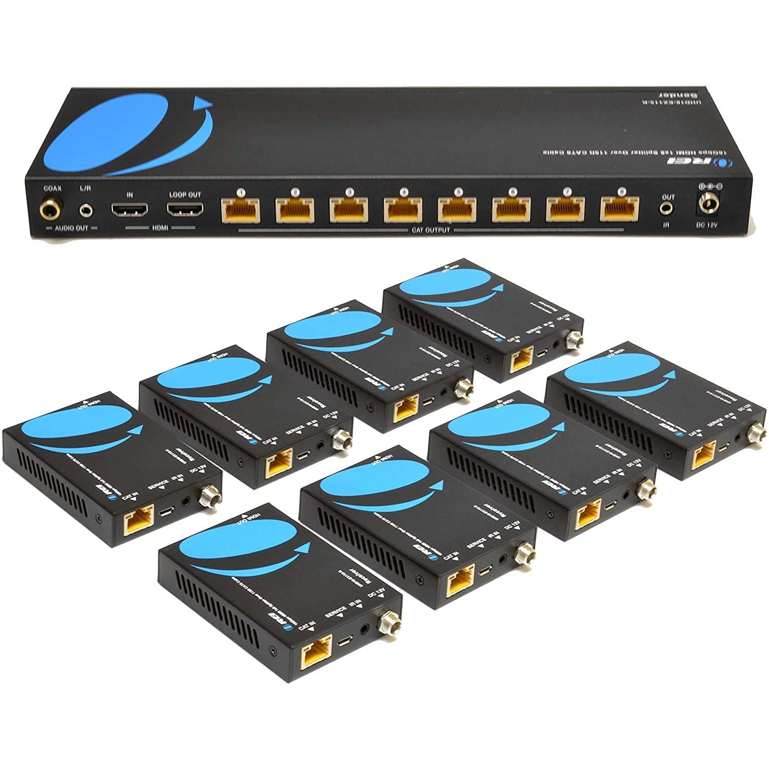 1x8 HDMI Extender Splitter 4K by OREI Multiple Over Single Cable CAT6/7 4K@60Hz 4:4:4 HDCP 2.2 with IR Remote EDID Management - Up to 115 Ft - Loop