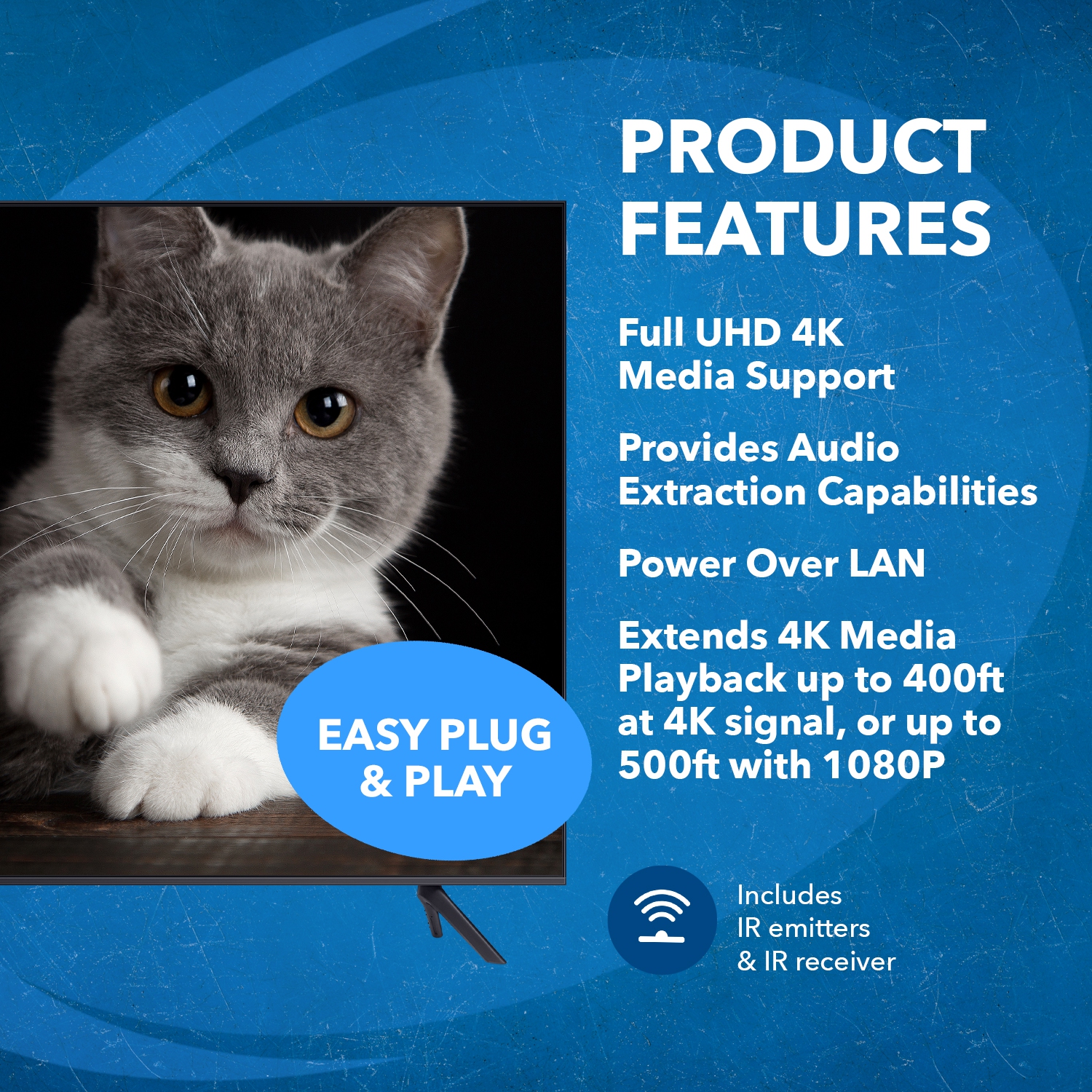 1x8 HDMI Extender Splitter HDBaseT 4K by OREI Multiple Over Single Cable CAT6/7 4K@60Hz 4:4:4 HDCP 2.2 with IR Remote EDID Management, HDR - Up to