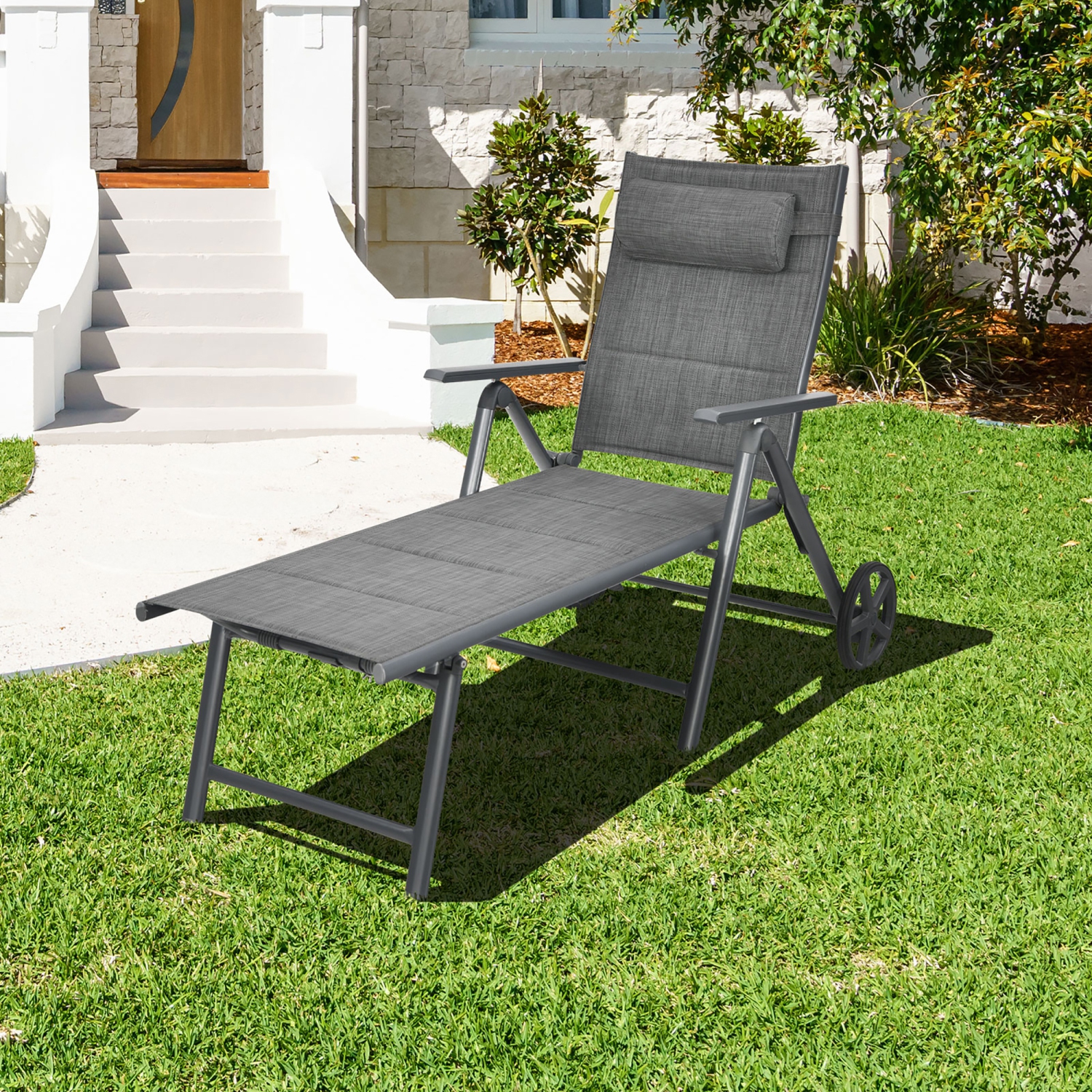 Costway Patio Reclining Chaise Lounge Padded Chair Aluminum Adjust Neck Pillow
