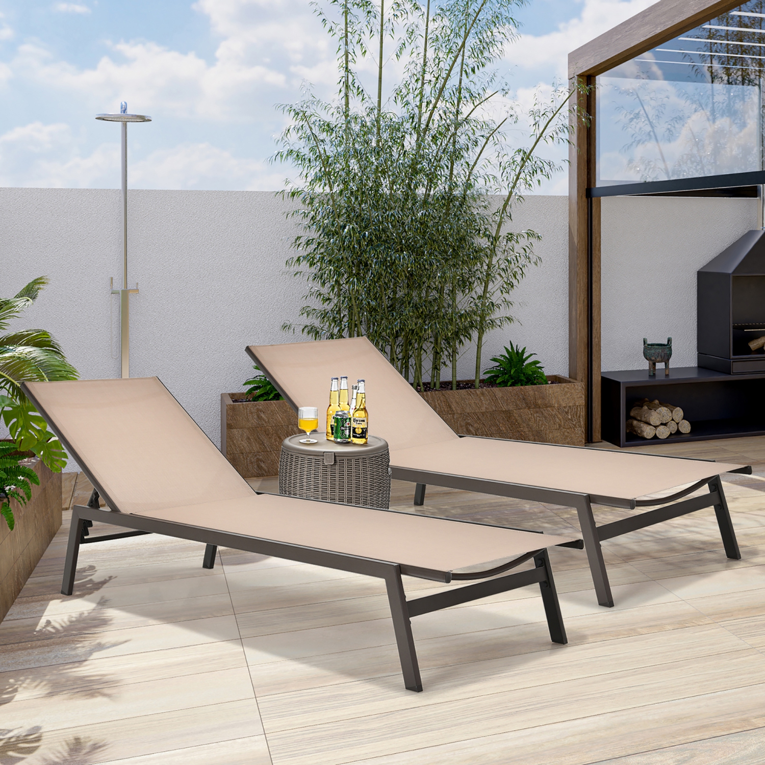 Costway 2 PCS Patio Lounge Chair Chaise Recliner Back Adjustable Garden Brown\Black