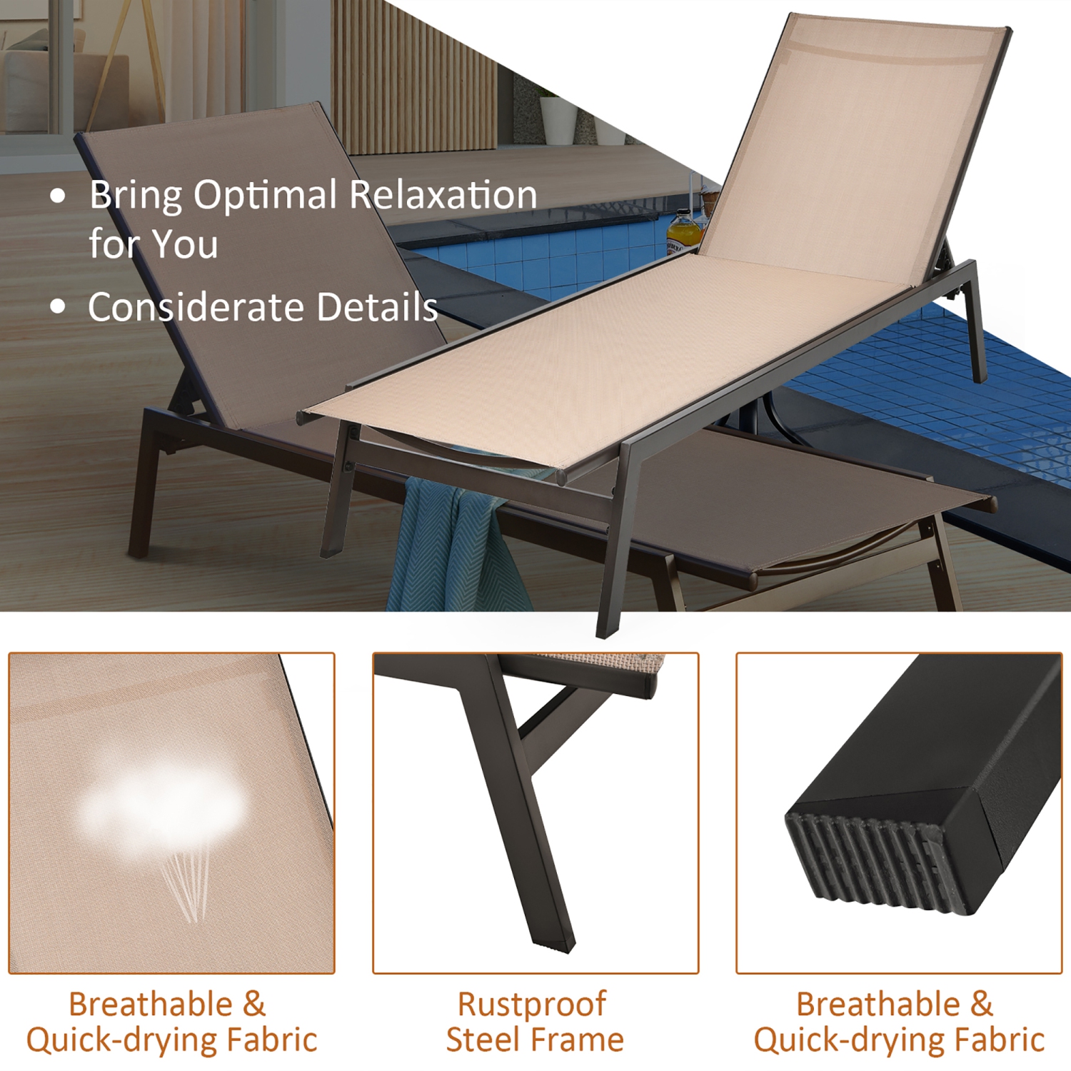 Costway 2 PCS Patio Lounge Chair Chaise Recliner Back Adjustable Garden Brown\Black