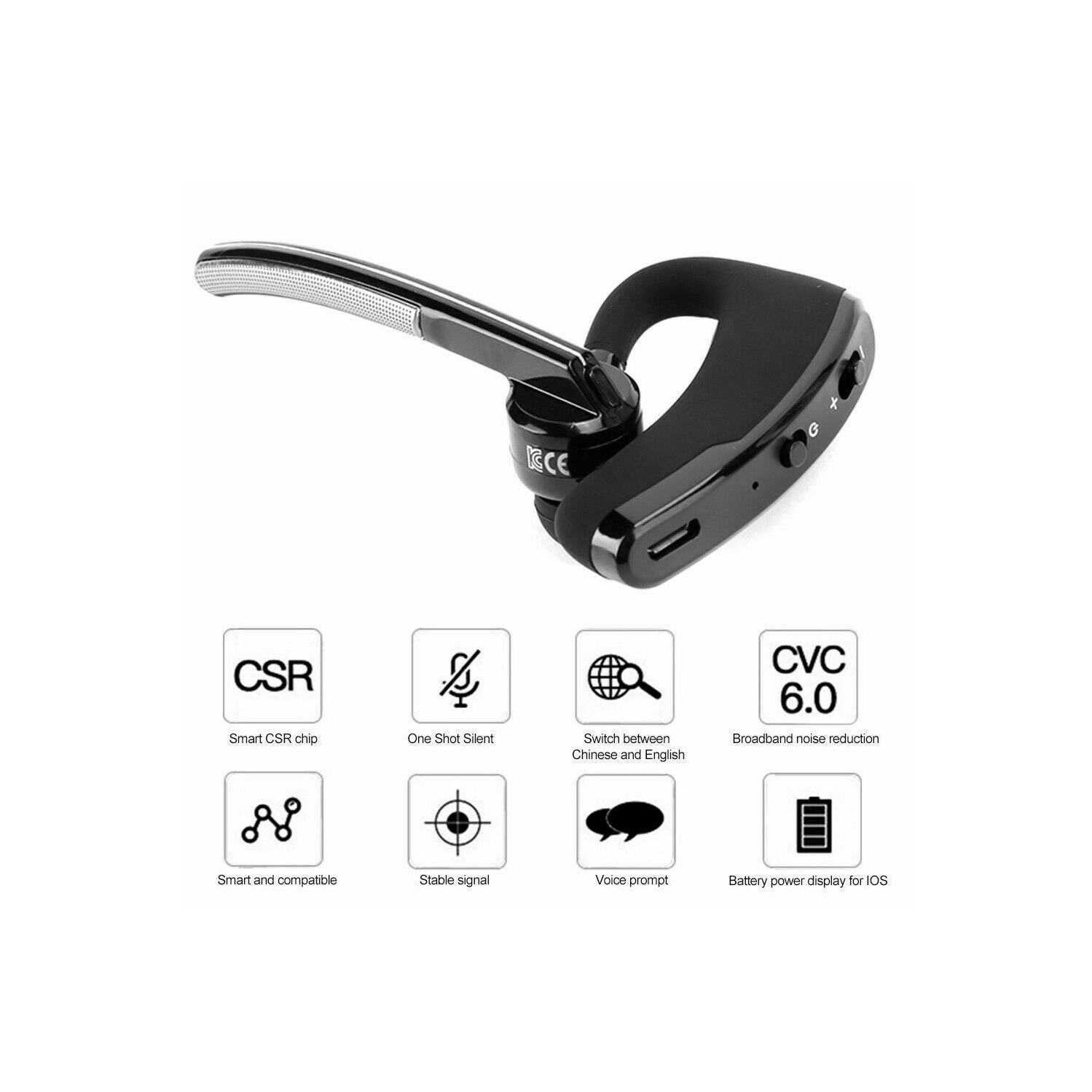 Écouteurs bouton mains libres Bluetooth Business sans fil avec crochets pour téléphone cellulaire CA