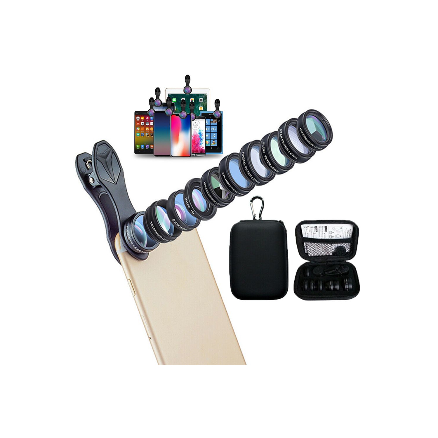 ISTAR Phone Camera Lens 10 in 1 Phone Lens Kit, Lens/Wide Angle Lens & Macro Lens/Zoom Lens+CPL/Flow/Radial/Star/Soft Filter