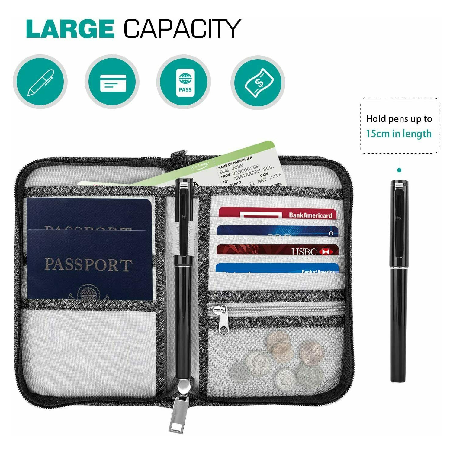 Pochette portefeuille de voyage porte-passeport porte-carte de crédit porte-documents porte-billets sac de rangement CA