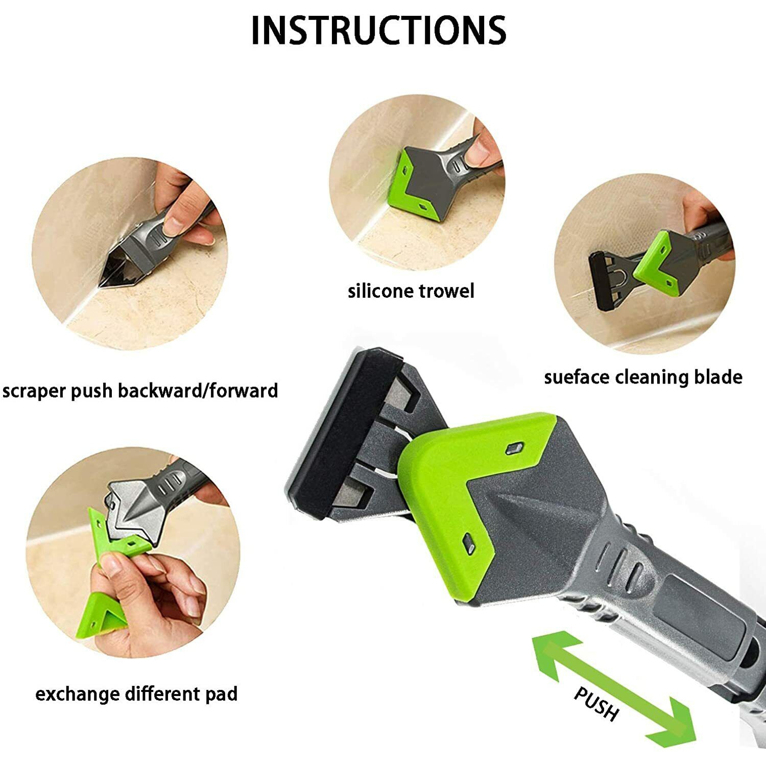 ISTAR Caulking Tool, 4 in 1 Silicone Caulking Scraper Tools eplaceable Silicone Pads, Caulk Remover Sealant Finishing Tool for Kitchen Bathroom