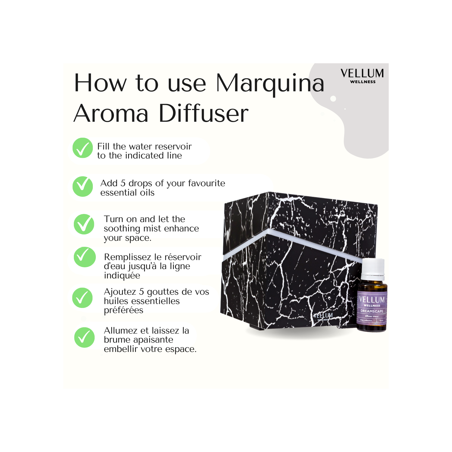 Vellum Wellness Marquina Aroma Diffuser des huiles essentielles dans la chambre, la cuisine, la salle de bain, les espaces de vie