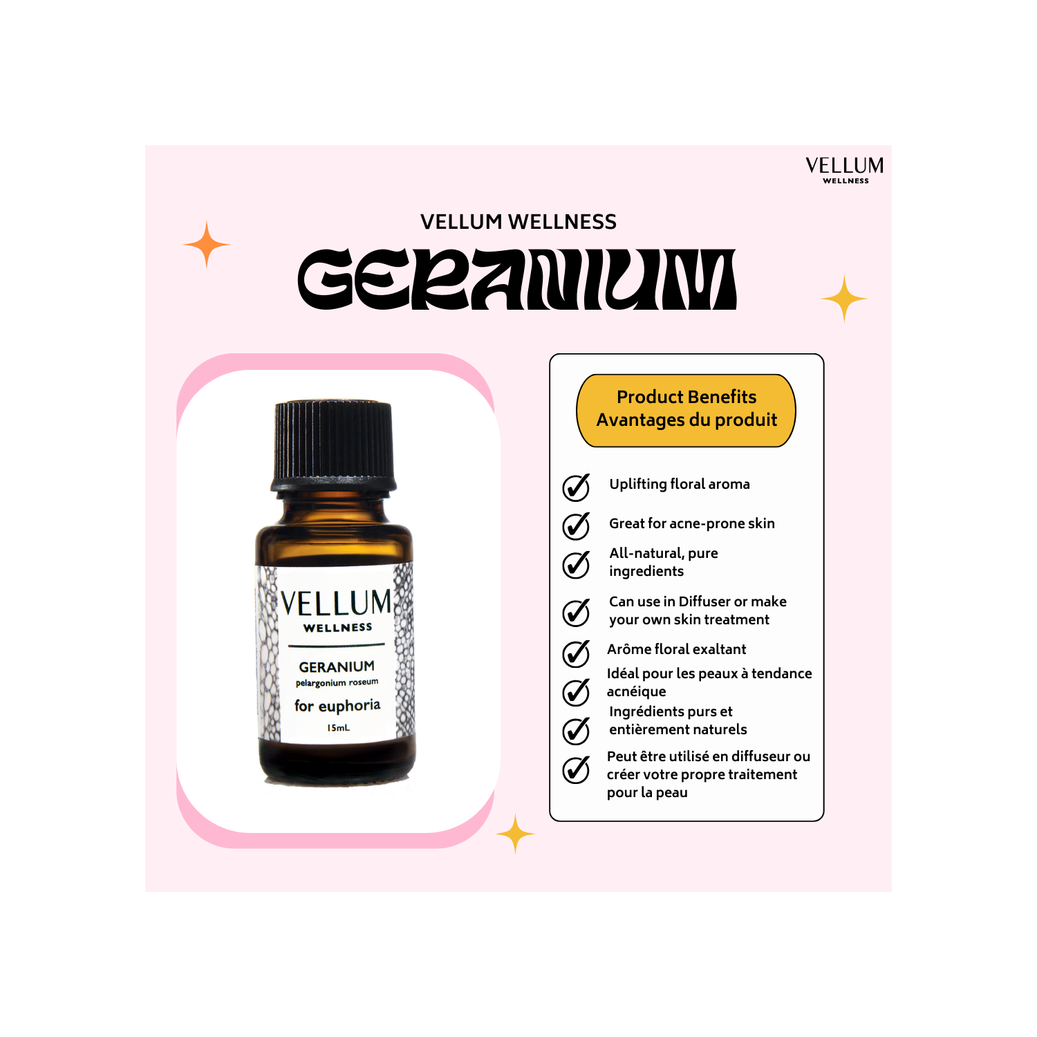 Vellum Wellness – Huile essentielle de géranium pour diffuseurs d'arômes et soins naturels pour la peau