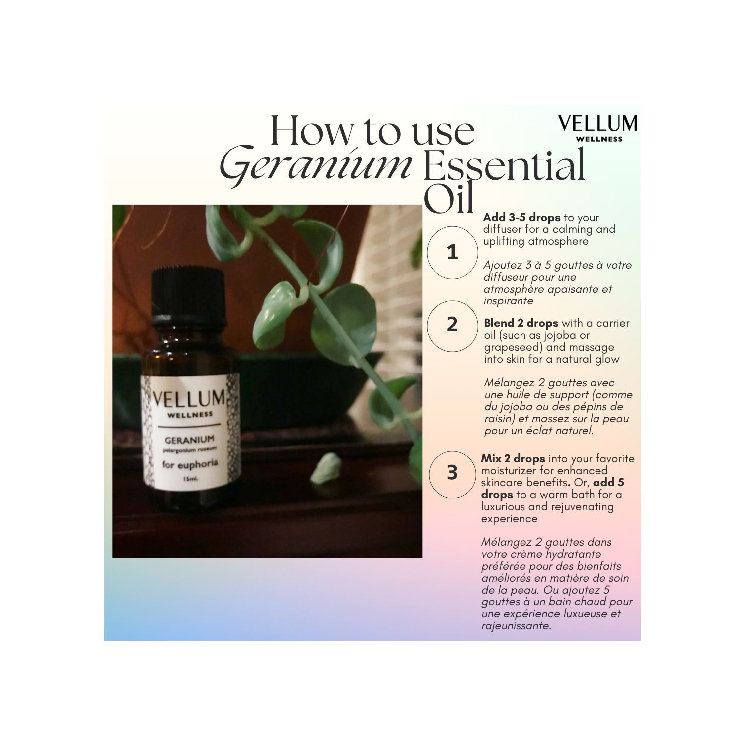 Vellum Wellness – Huile essentielle de géranium pour diffuseurs d'arômes et soins naturels pour la peau