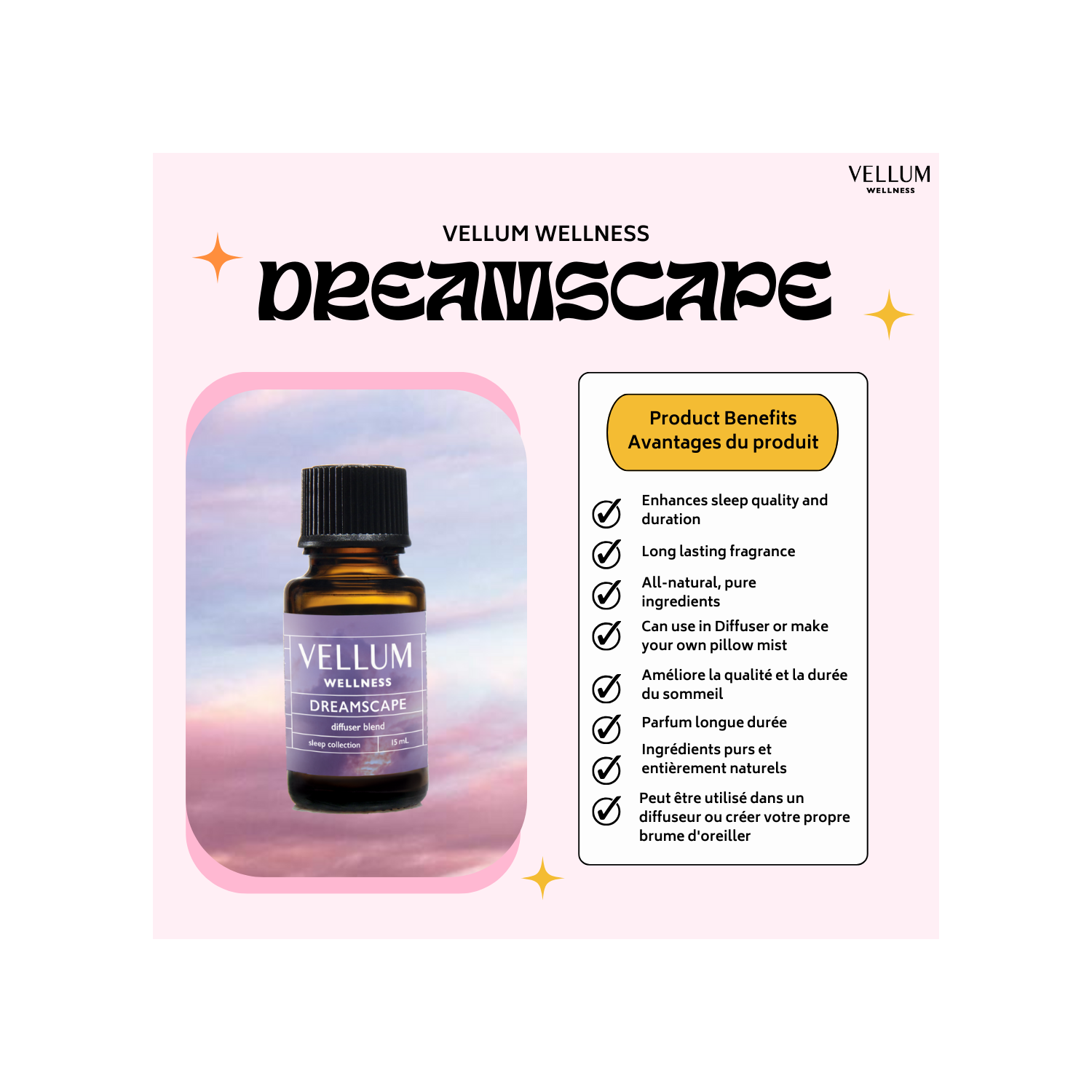 Vellum Wellness Dreamscape Sleep Essential Oil Blend 15 ml for use in Aroma Diffuser, Pillow Mist