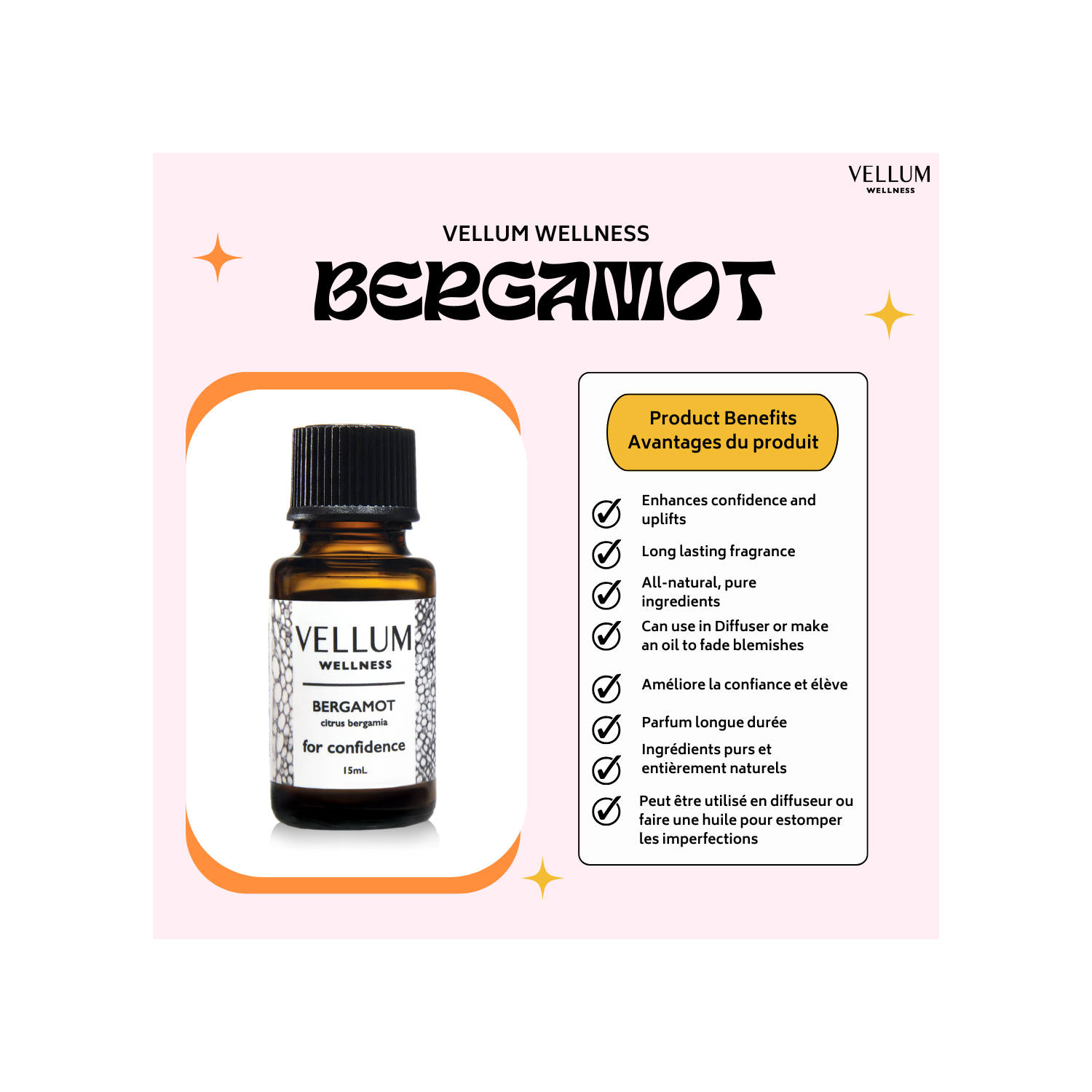 15 ml d'huile essentielle de Bergamot Vellum Wellness pour une utilisation dans un diffuseur d'arôme ou dans des soins naturels pour la peau