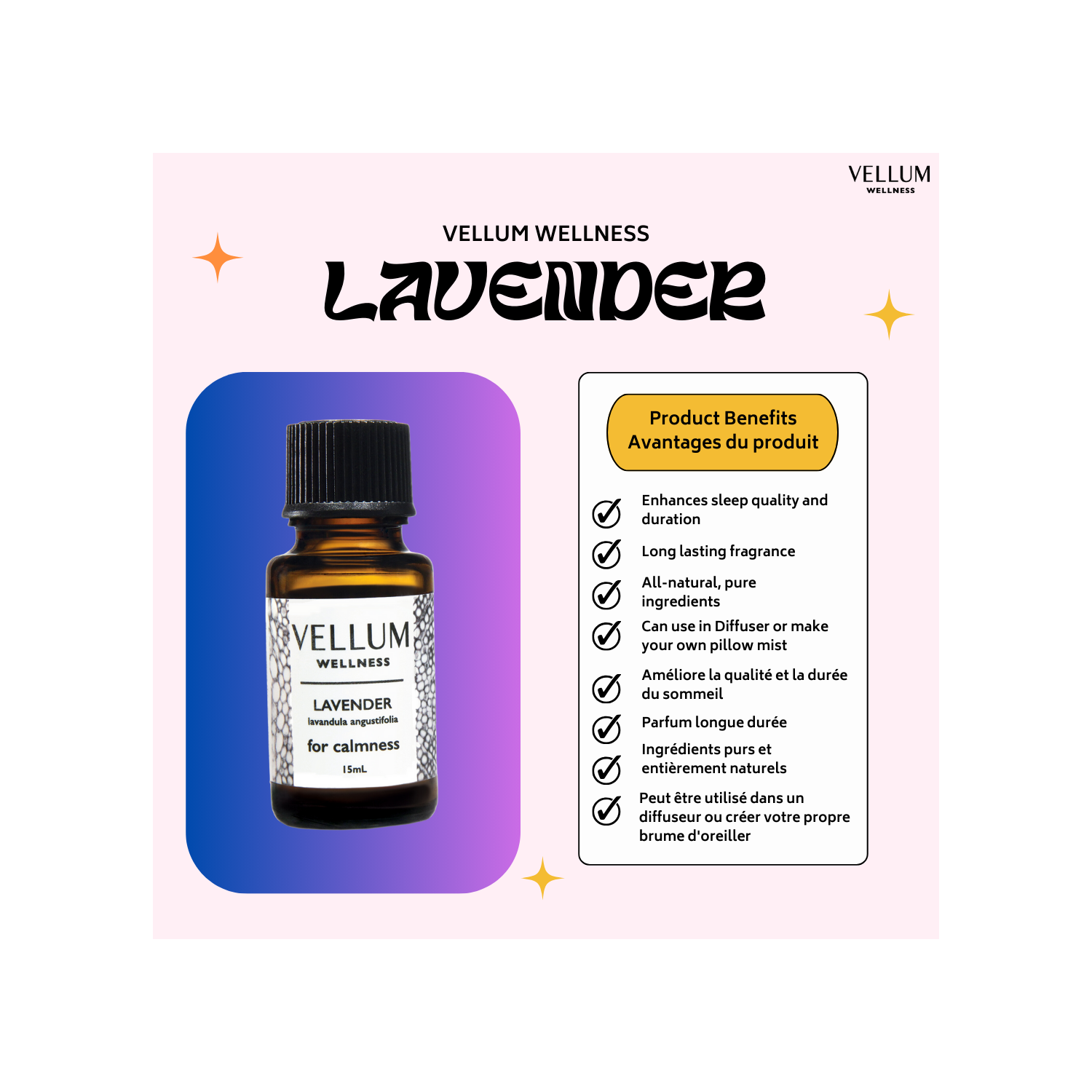 15&nbsp;ml d'huile essentielle de lavande Vellum Wellness pour le sommeil, utilisation dans des diffuseurs d'arômes ou des soins naturels pour la peau