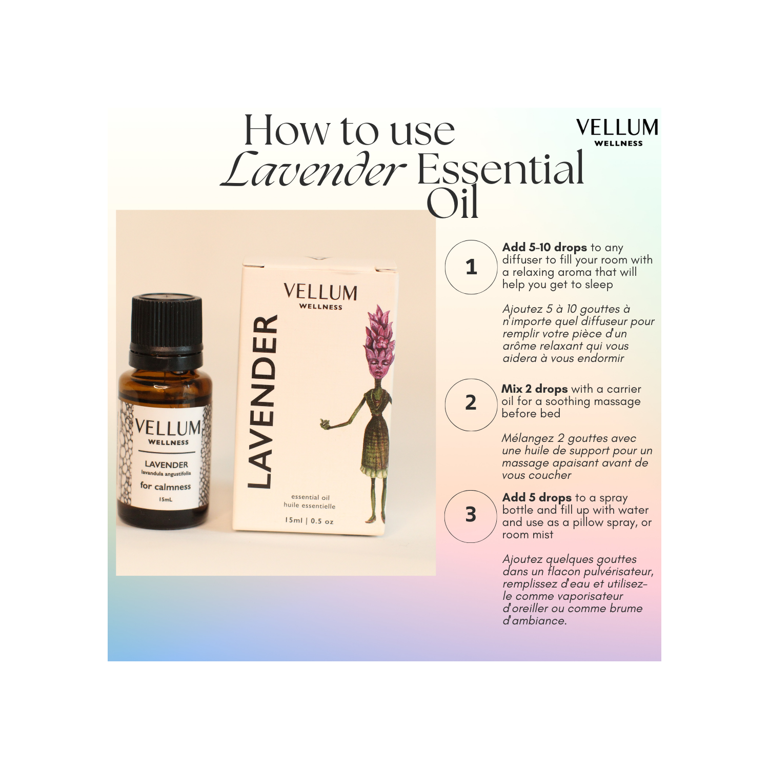 15&nbsp;ml d'huile essentielle de lavande Vellum Wellness pour le sommeil, utilisation dans des diffuseurs d'arômes ou des soins naturels pour la peau